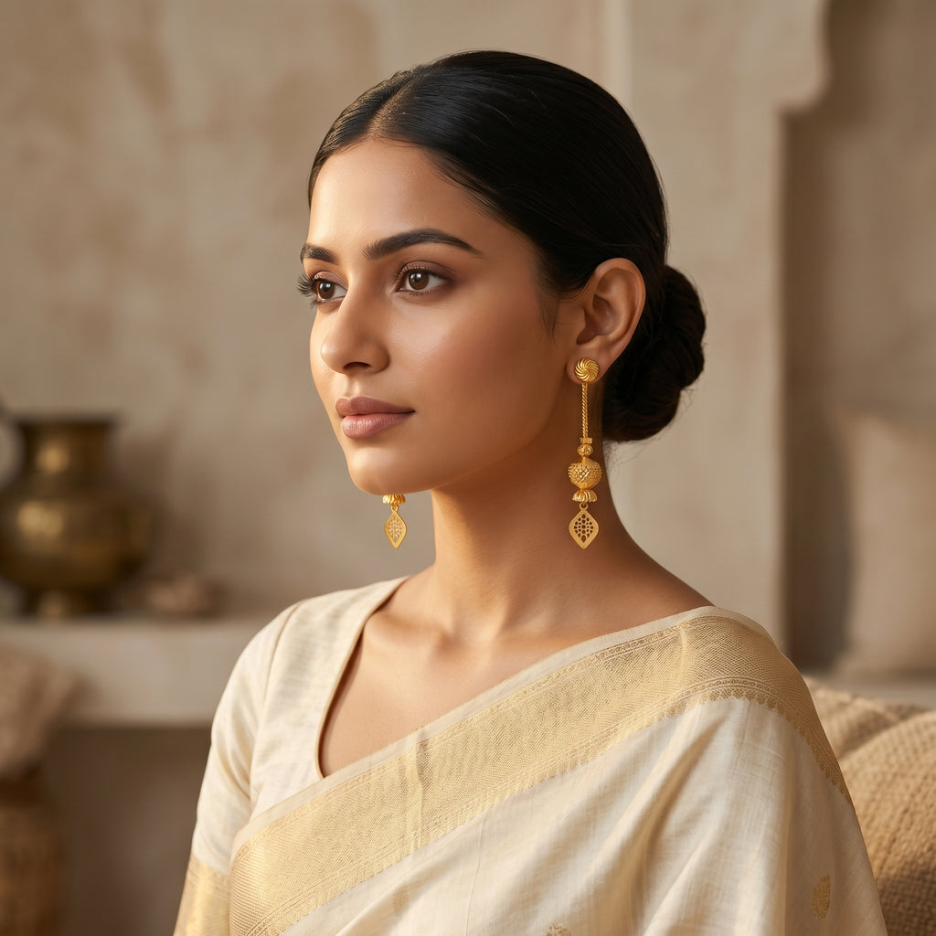 Gold Antique Textured Bead Kite Drop Earrings