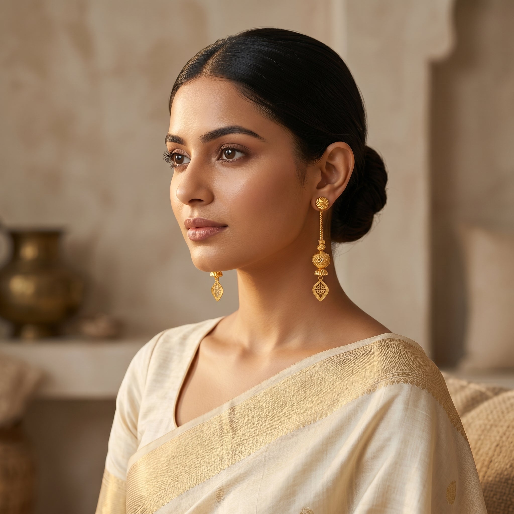 Gold Antique Textured Bead Kite Drop Earrings