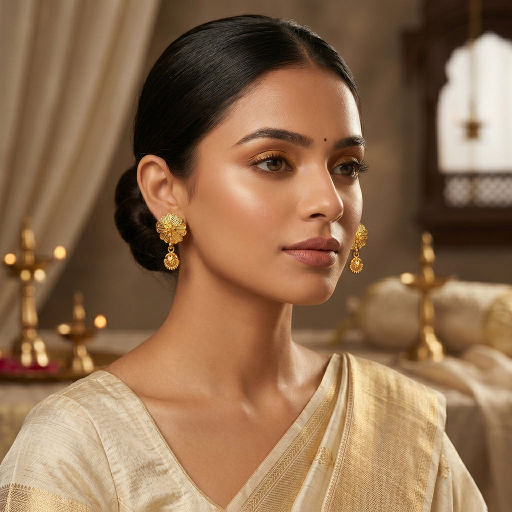 Gold Antique Scalloped Floral Mini Drop Earrings