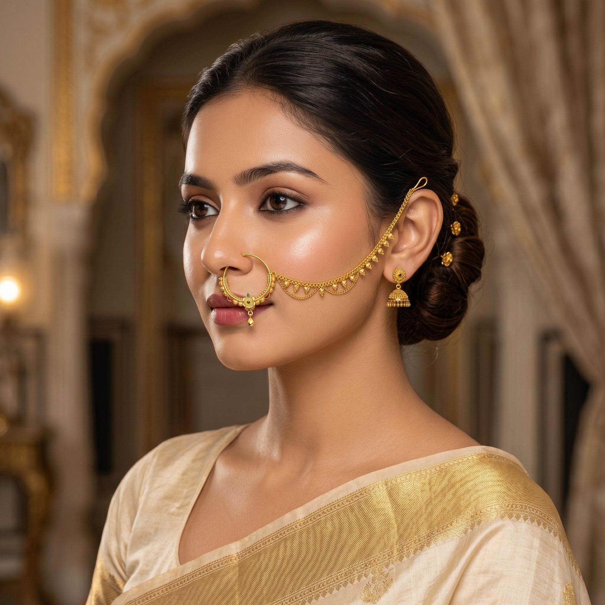 Gold Floral Meenakari Chained Nath