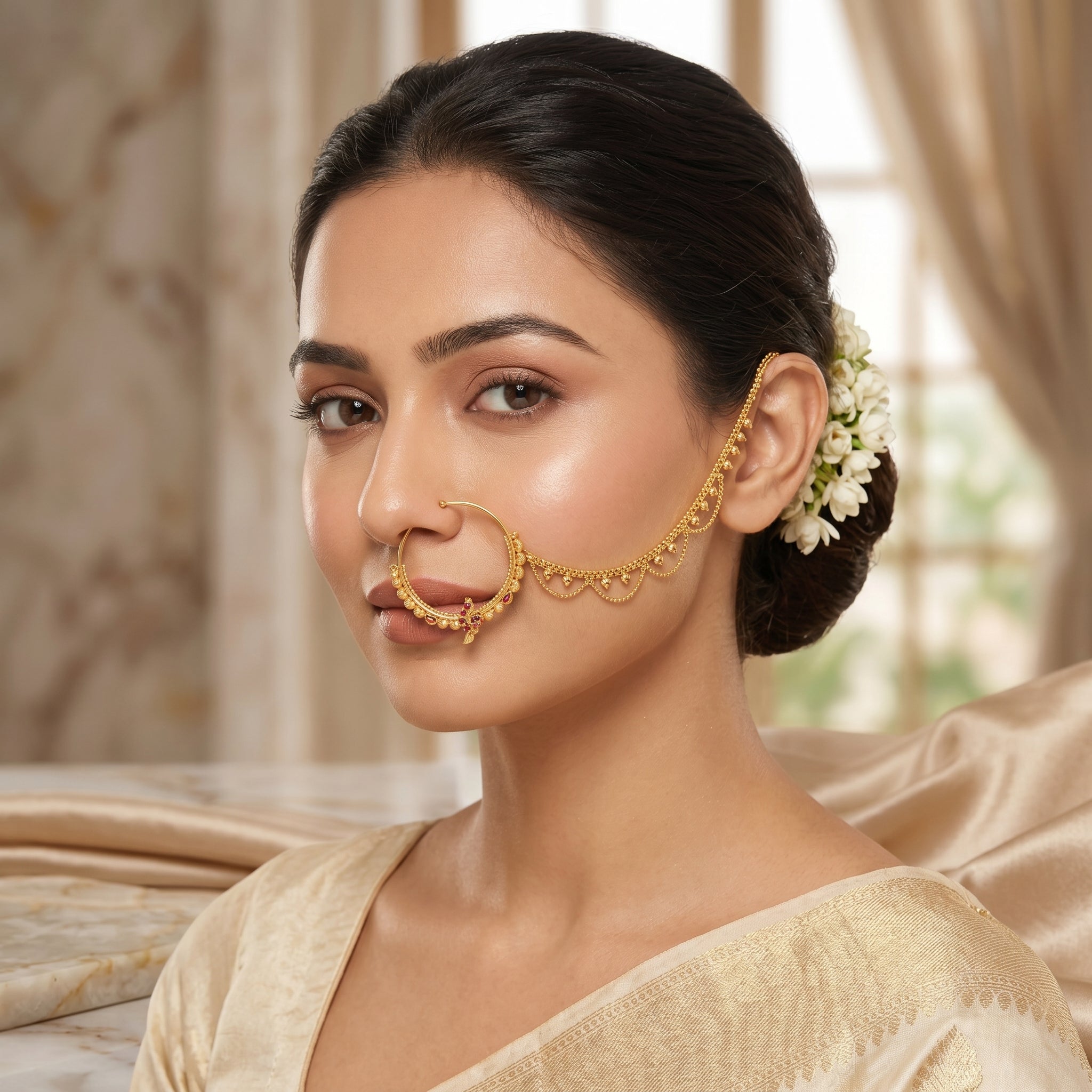 Gold Peacock Meenakari Chained Nath
