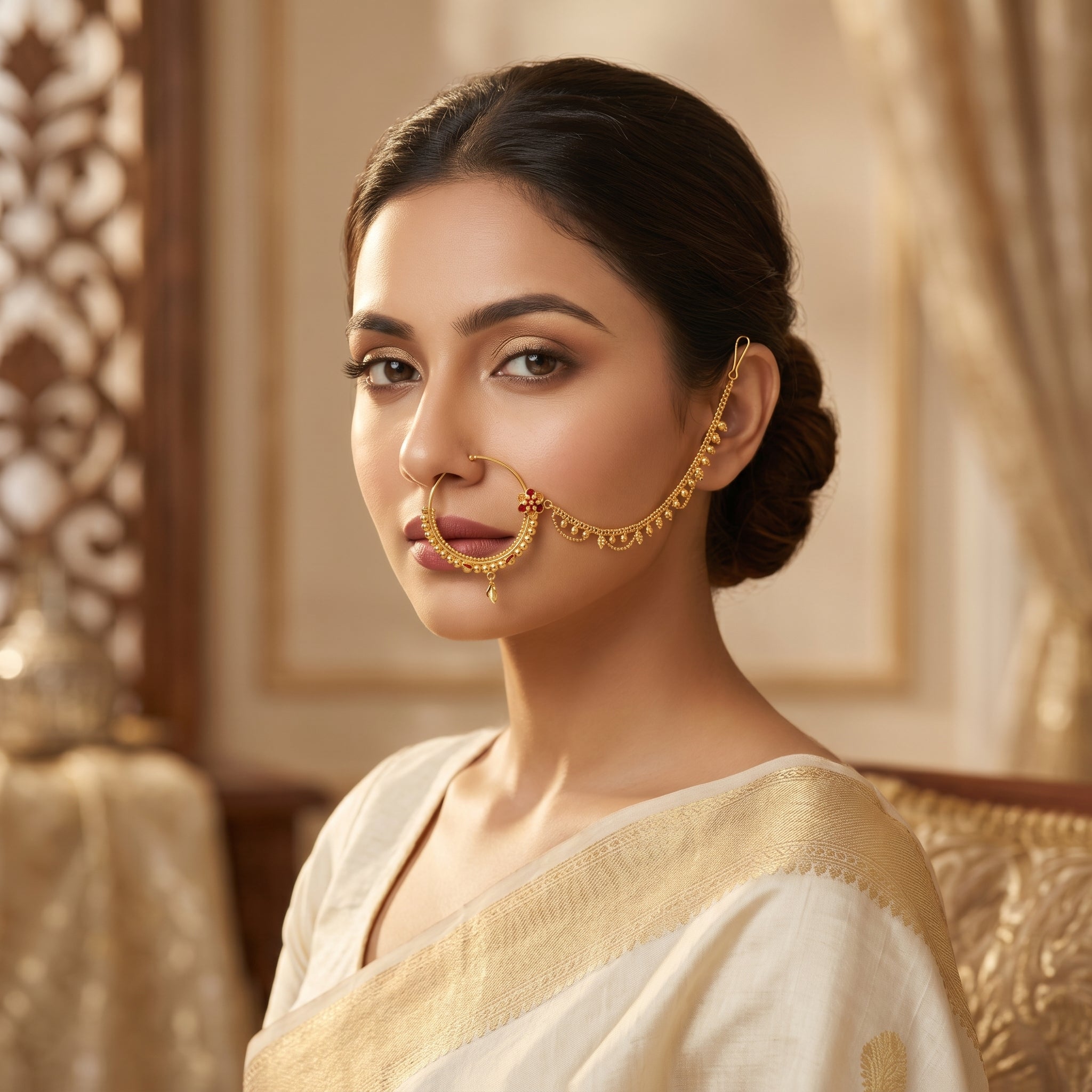 Gold Floral Bud Chained Nath with Mango Drop
