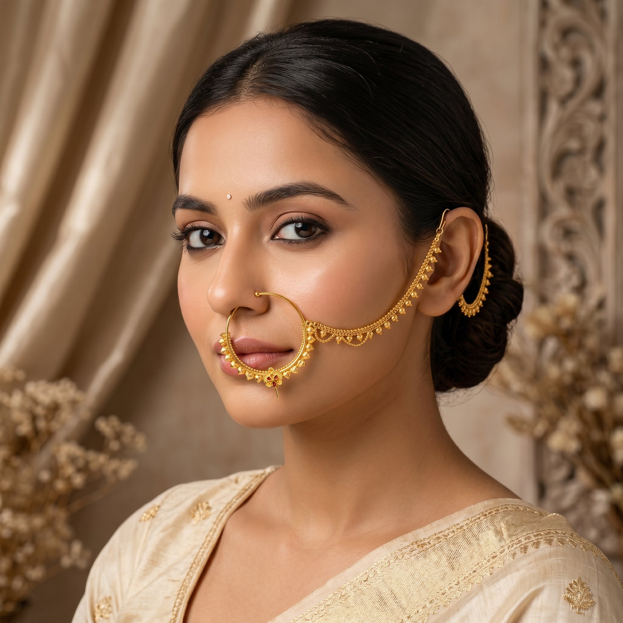 Gold Leaf Fringe Floral Pin Nath with Chain