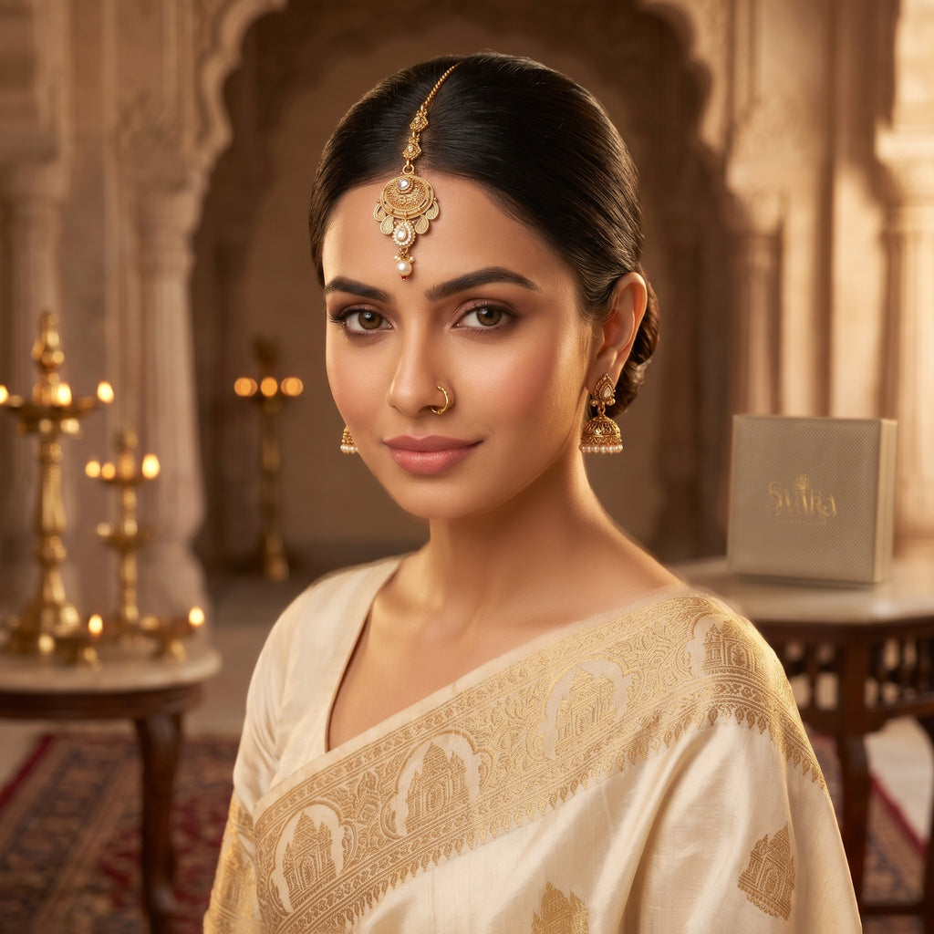 Gold Mughal Dome Medallion Pearl Drop Maang Tikka