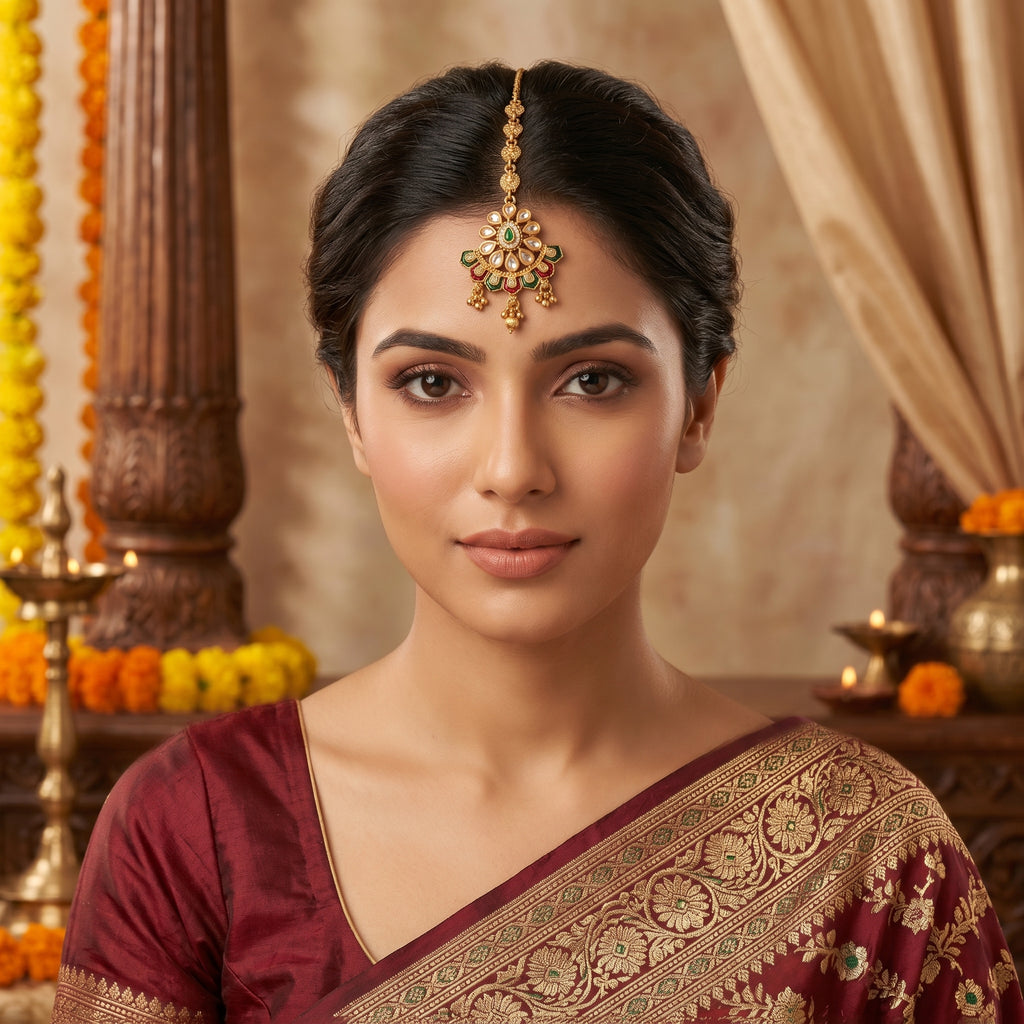 Gold Kundan Lotus Fan Meenakari Maang Tikka