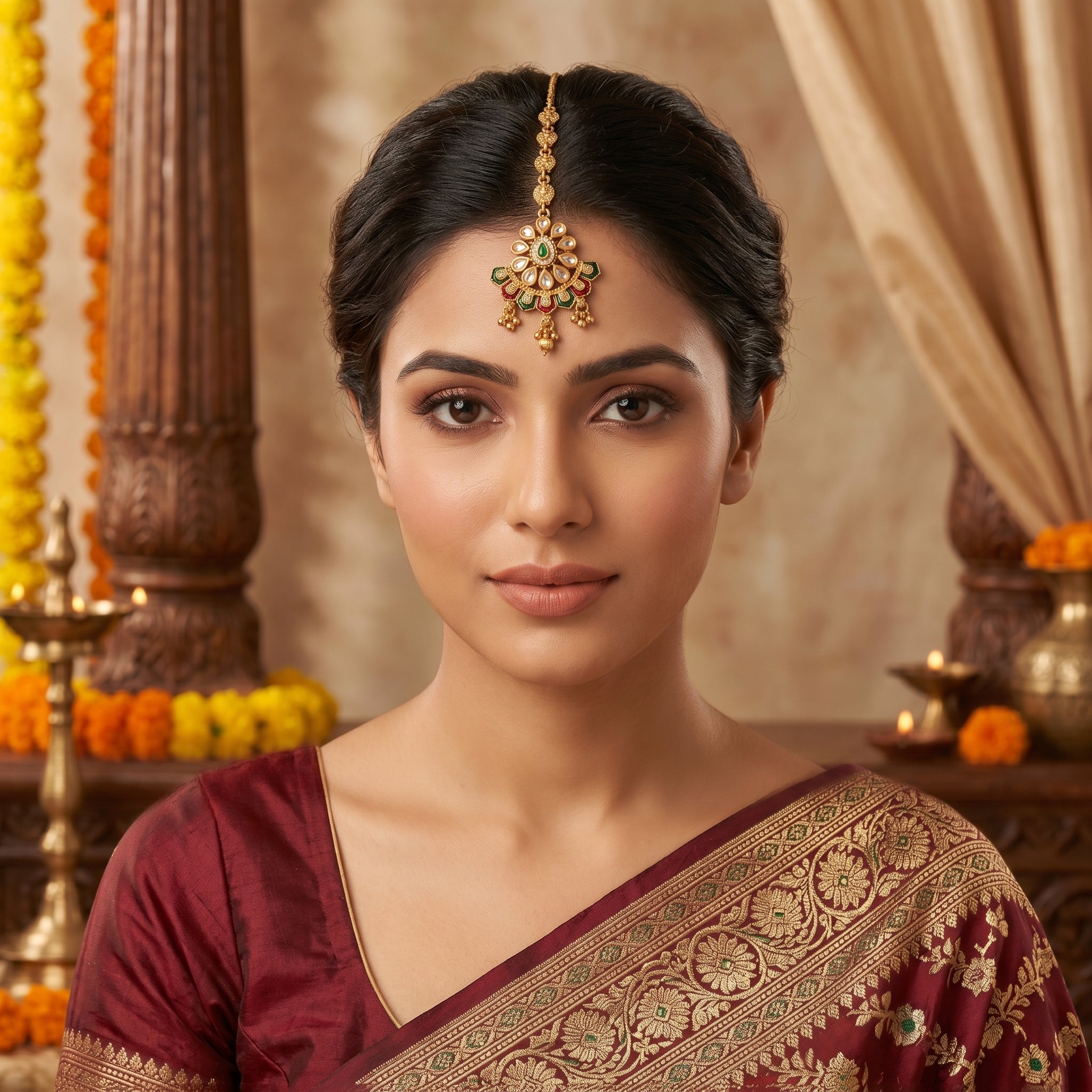 Gold Kundan Lotus Fan Meenakari Maang Tikka