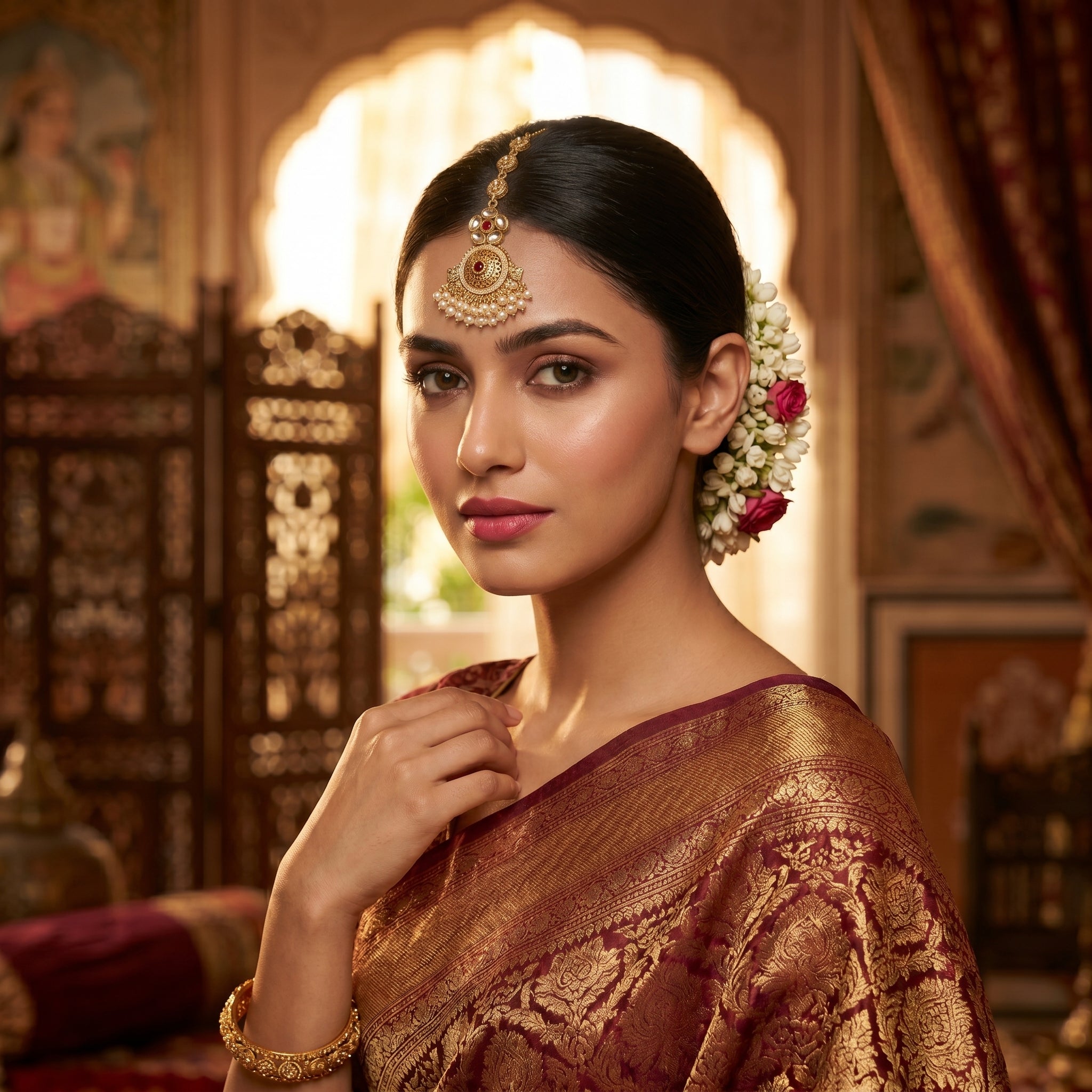 Gold Jali Medallion Pearl Cluster Kundan Maang Tikka