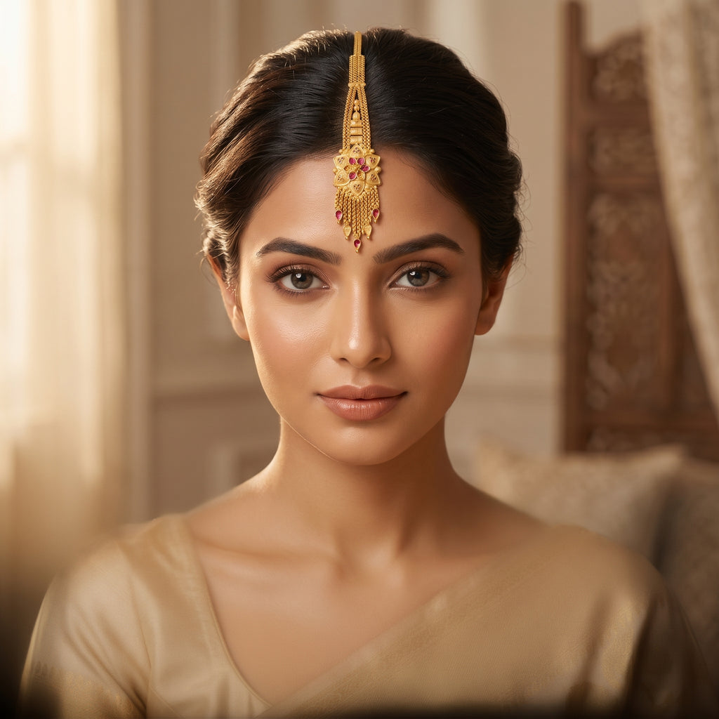 Gold Lotus Star Amber Tassel Maang Tikka