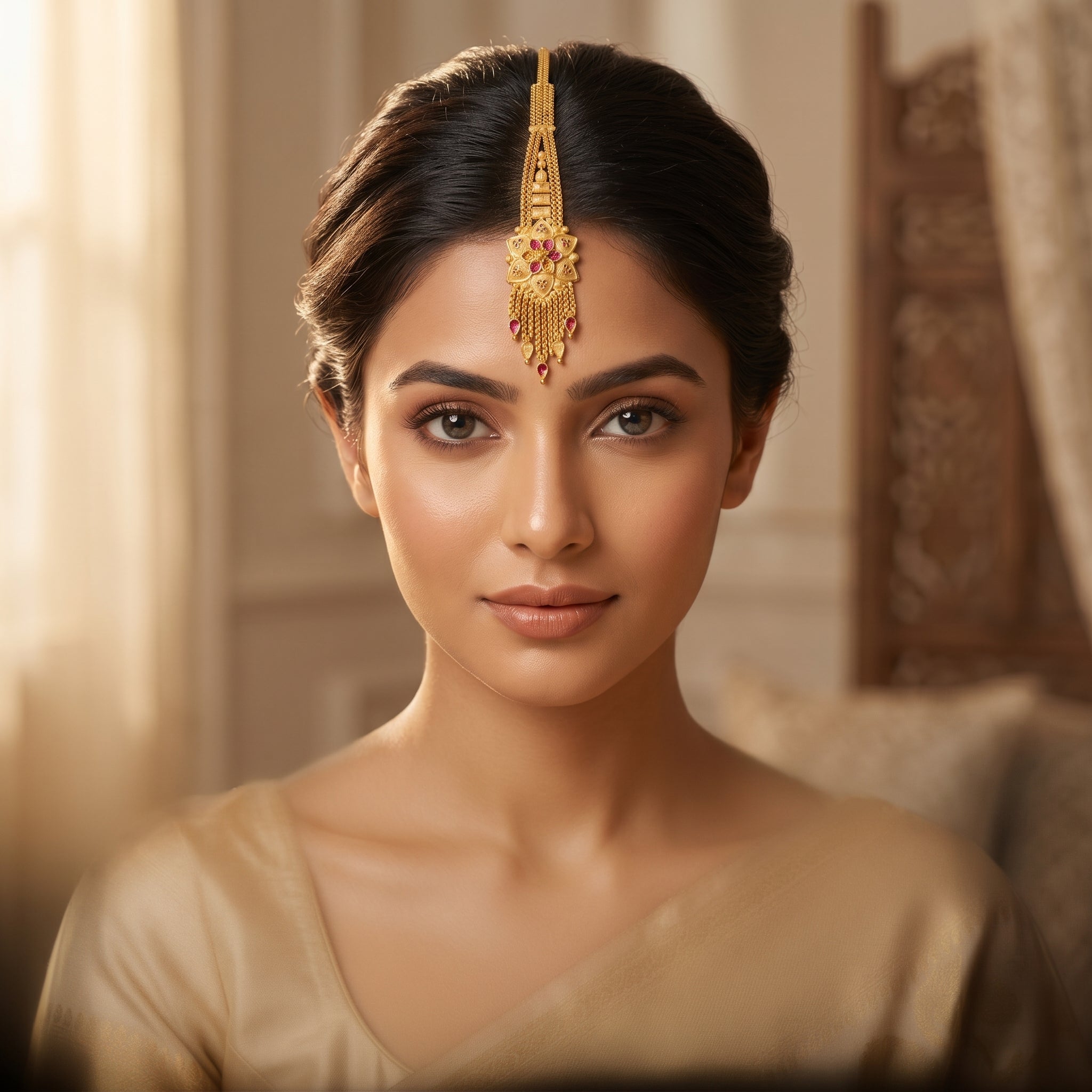 Gold Lotus Star Amber Tassel Maang Tikka