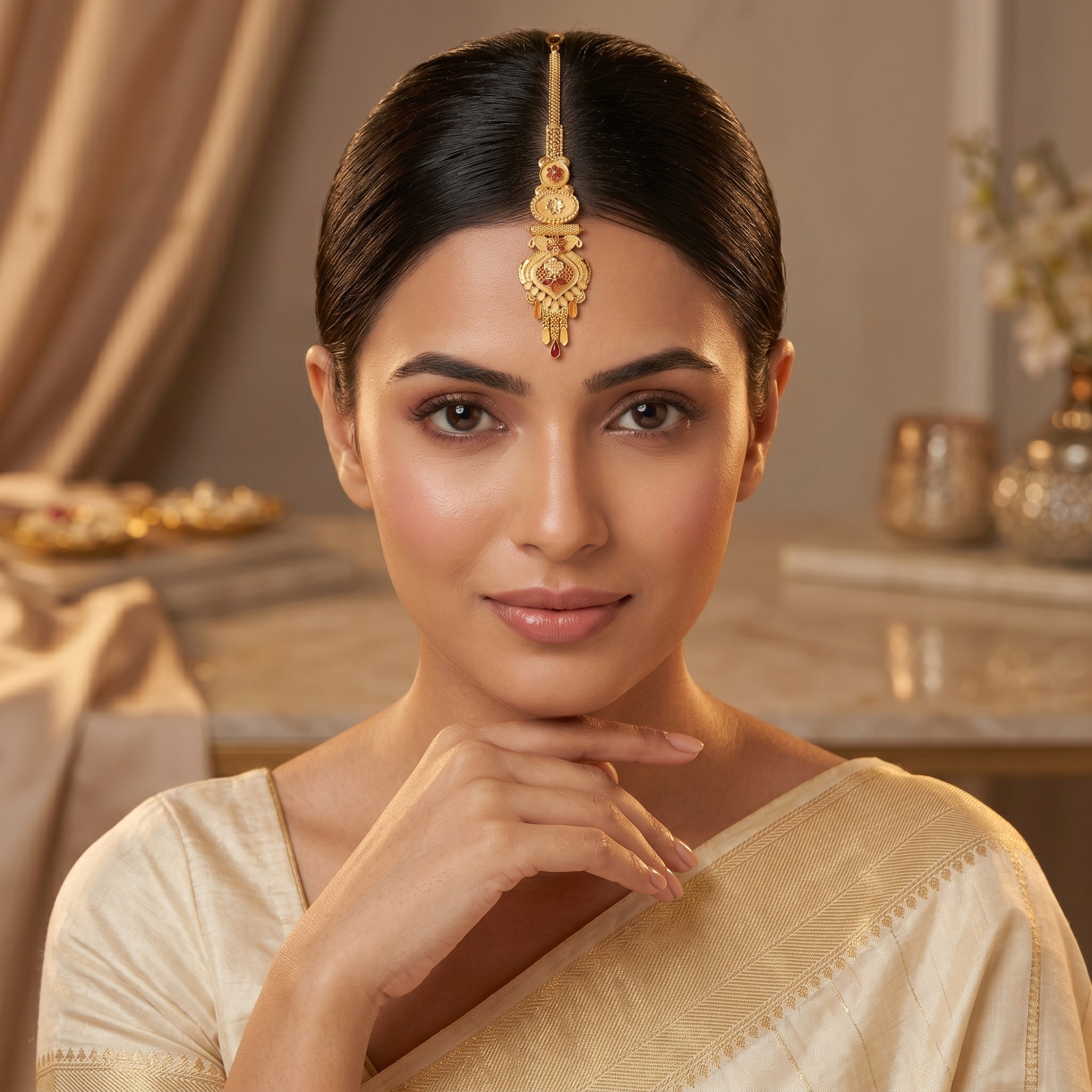 Gold Scrollwork Cartouche Ruby Maang Tikka