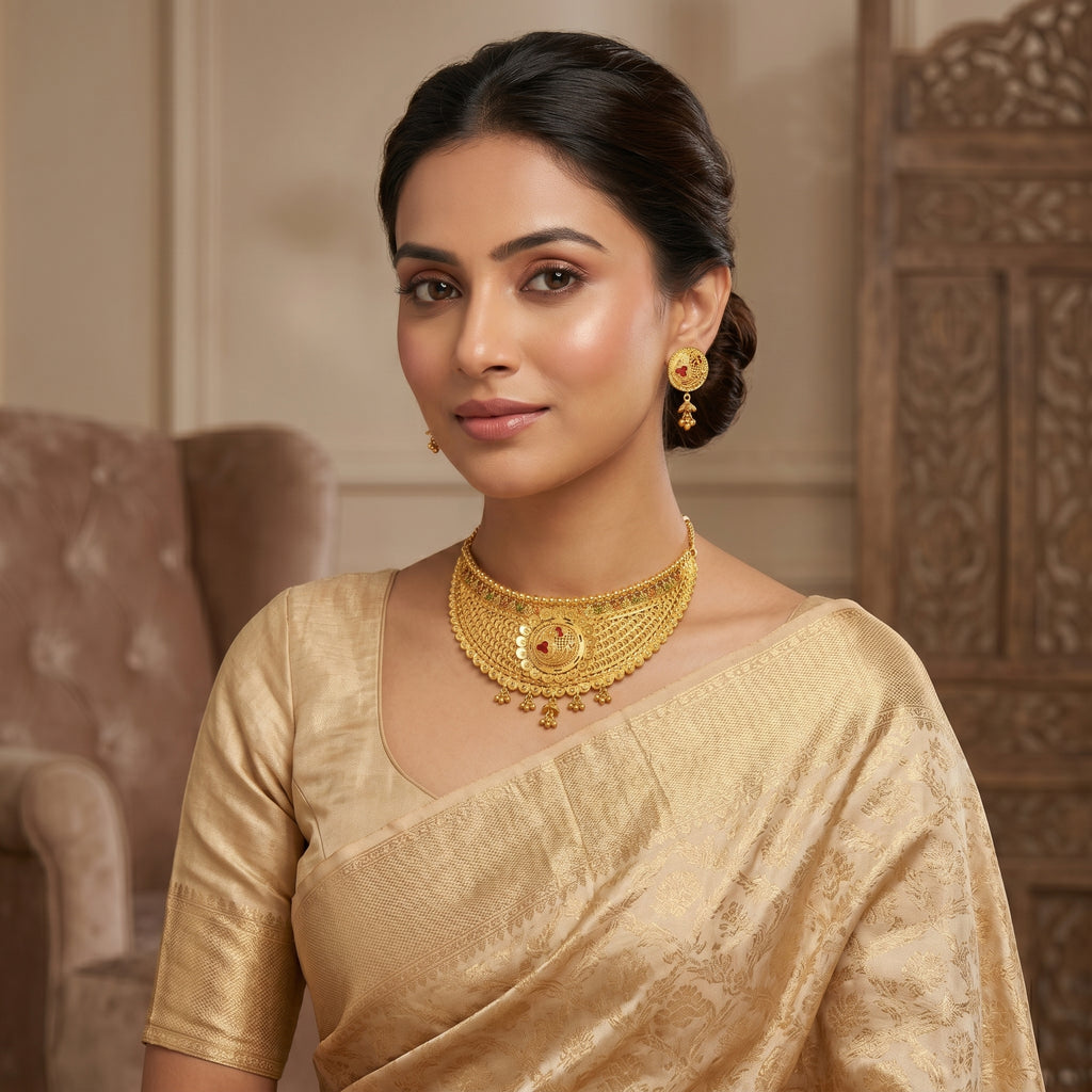 Gold Meenakari Peacock Lattice Choker Necklace Set