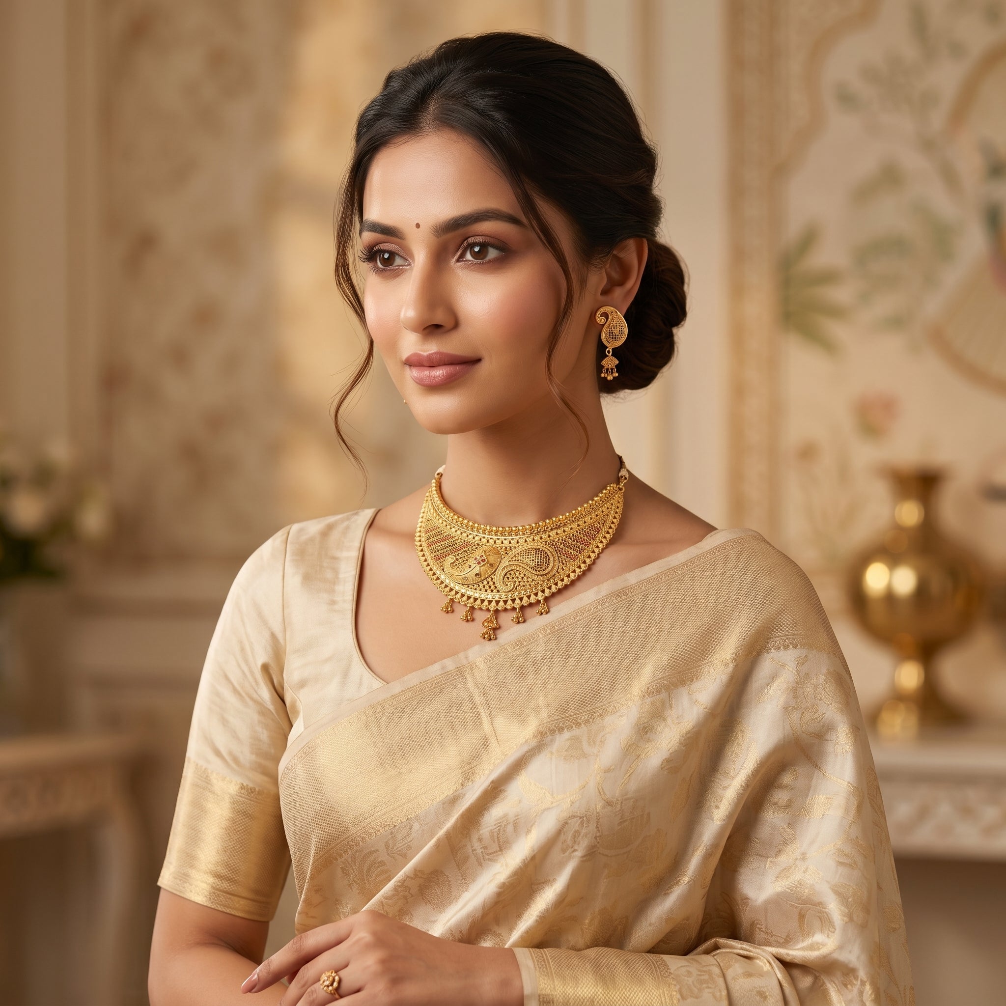 Gold Peacock Scroll Wide Crescent Choker Necklace Set