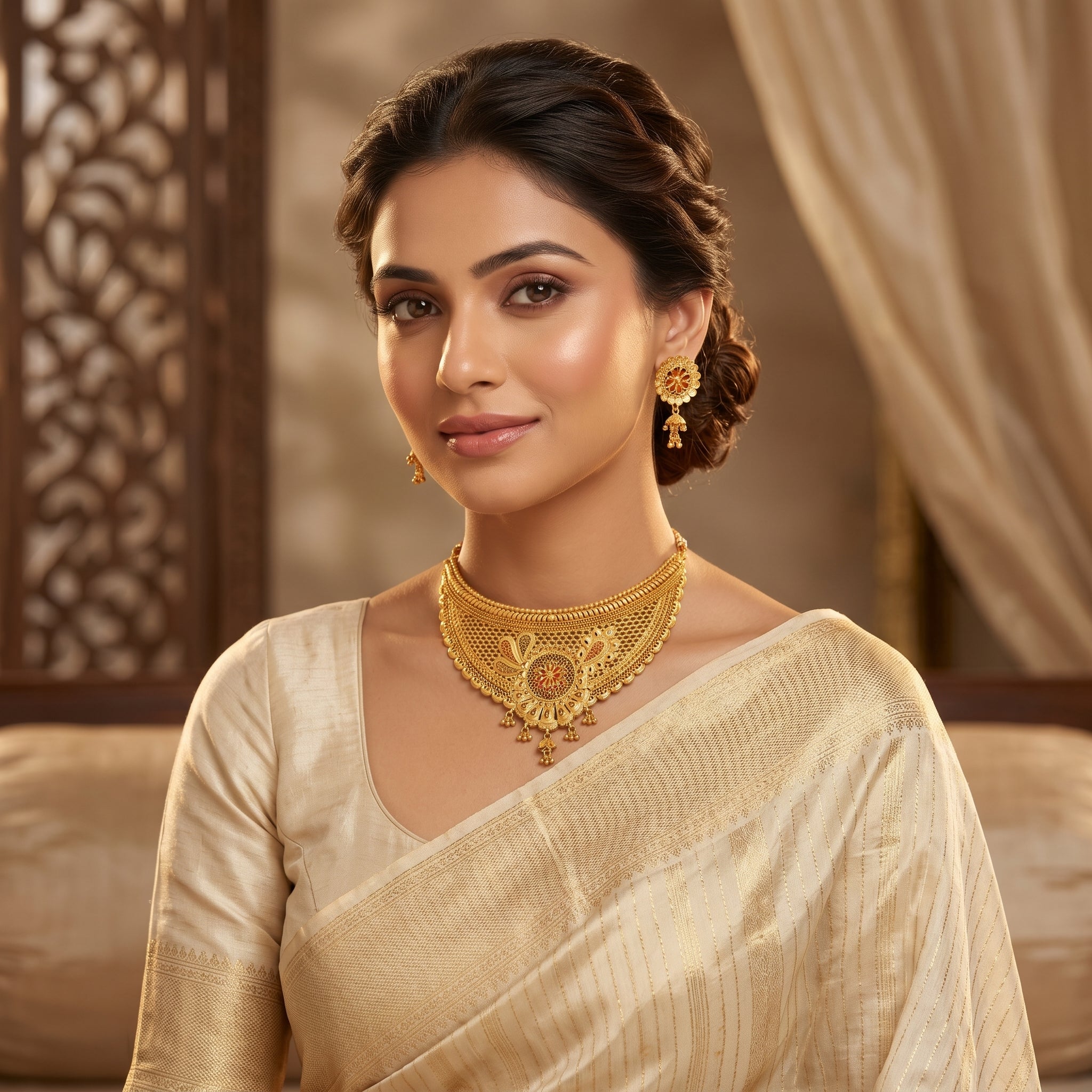 Gold Meenakari Scallop Fan Choker Necklace Set