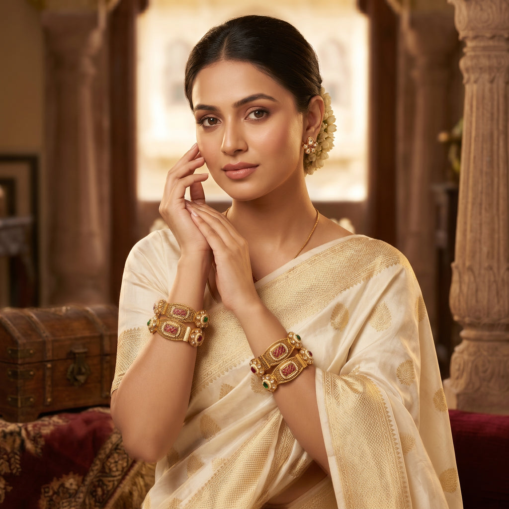 Gold Kundan Ruby Emerald Pearl Jali Kada Bangle