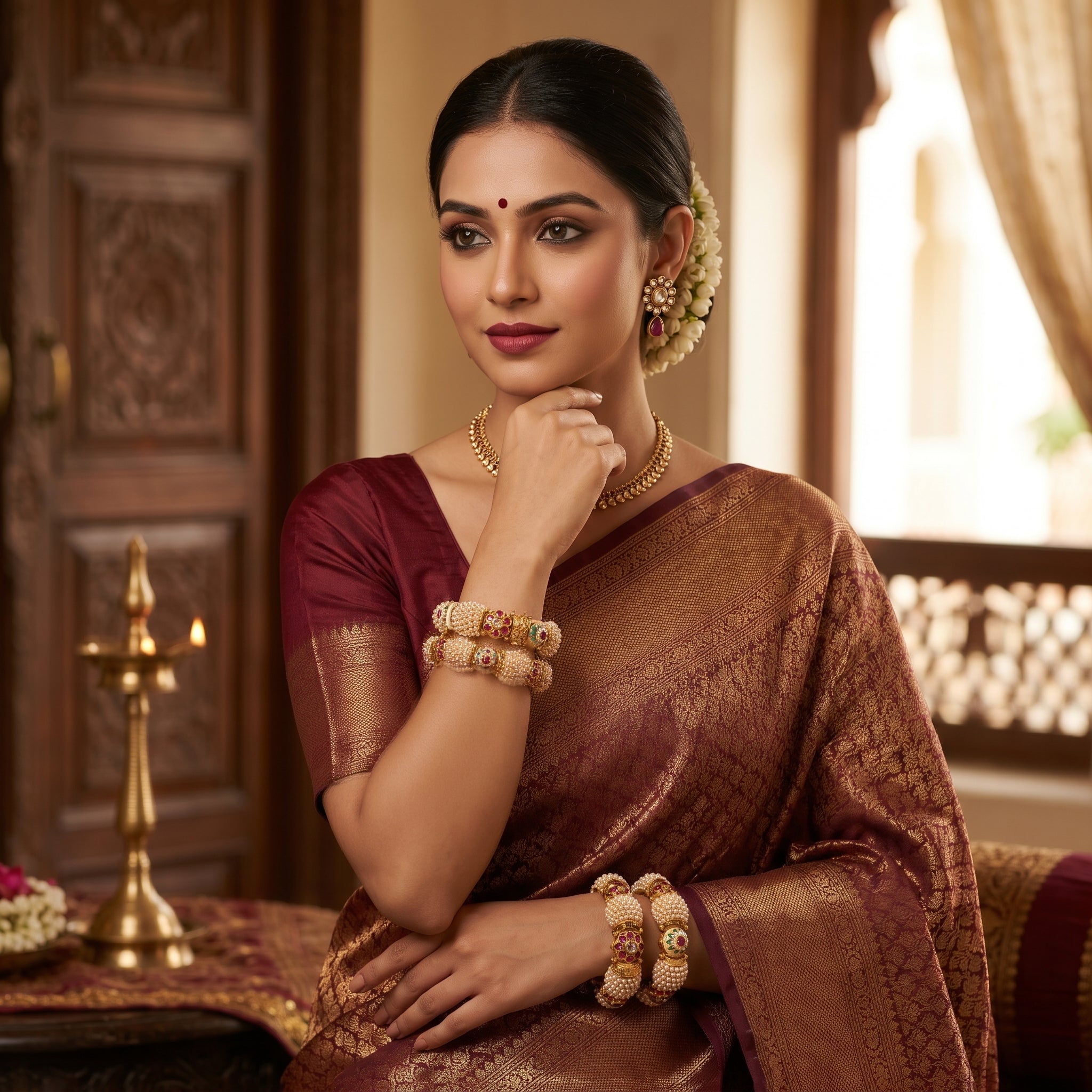 Gold Pearl Dome Ruby Emerald Meenakari Bangle Pair