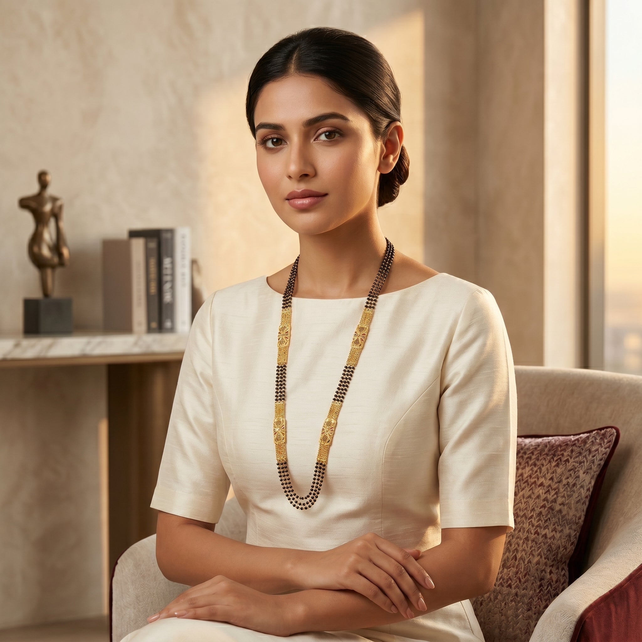Gold Black Bead Floral Panel Long Mangalsutra Set