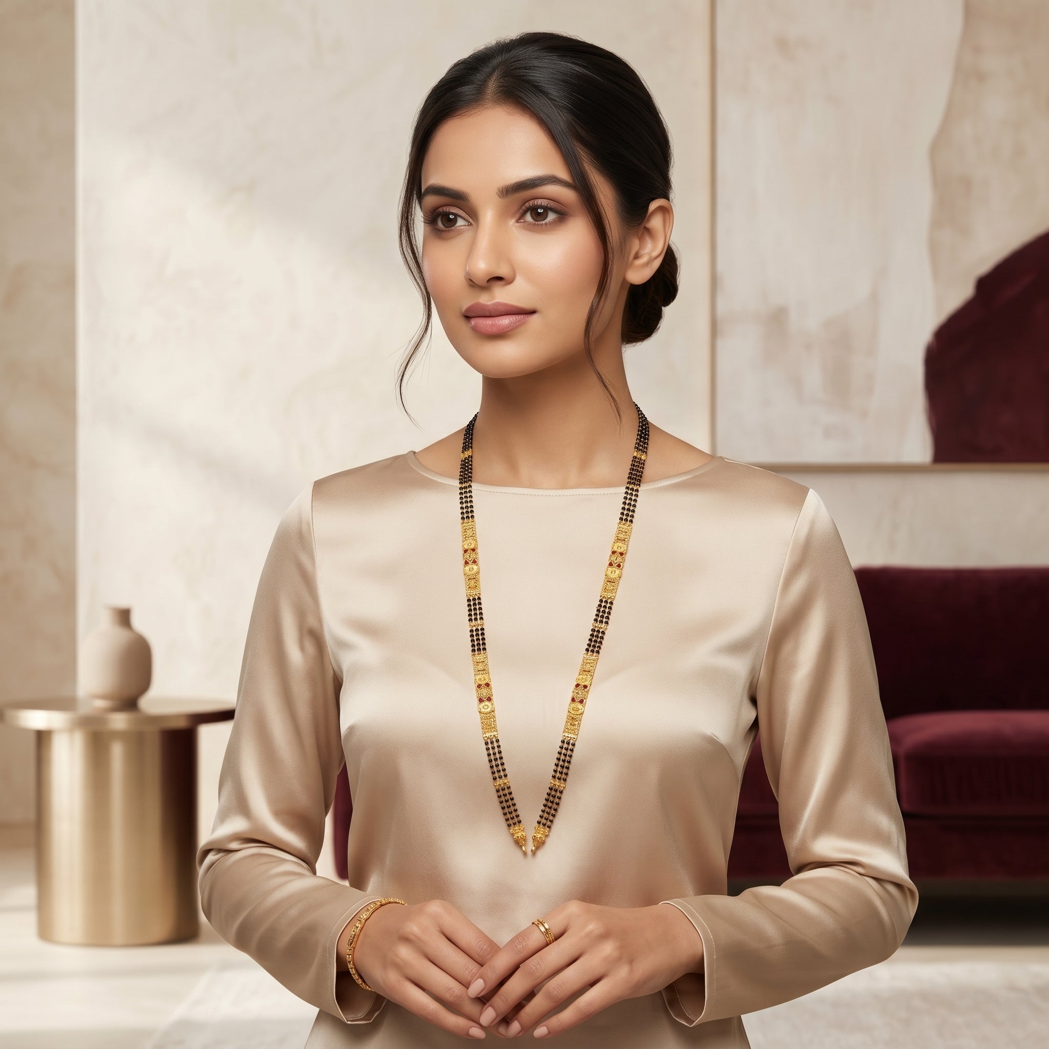 Gold Black Bead Pearl Enamel Panel Long Mangalsutra Set