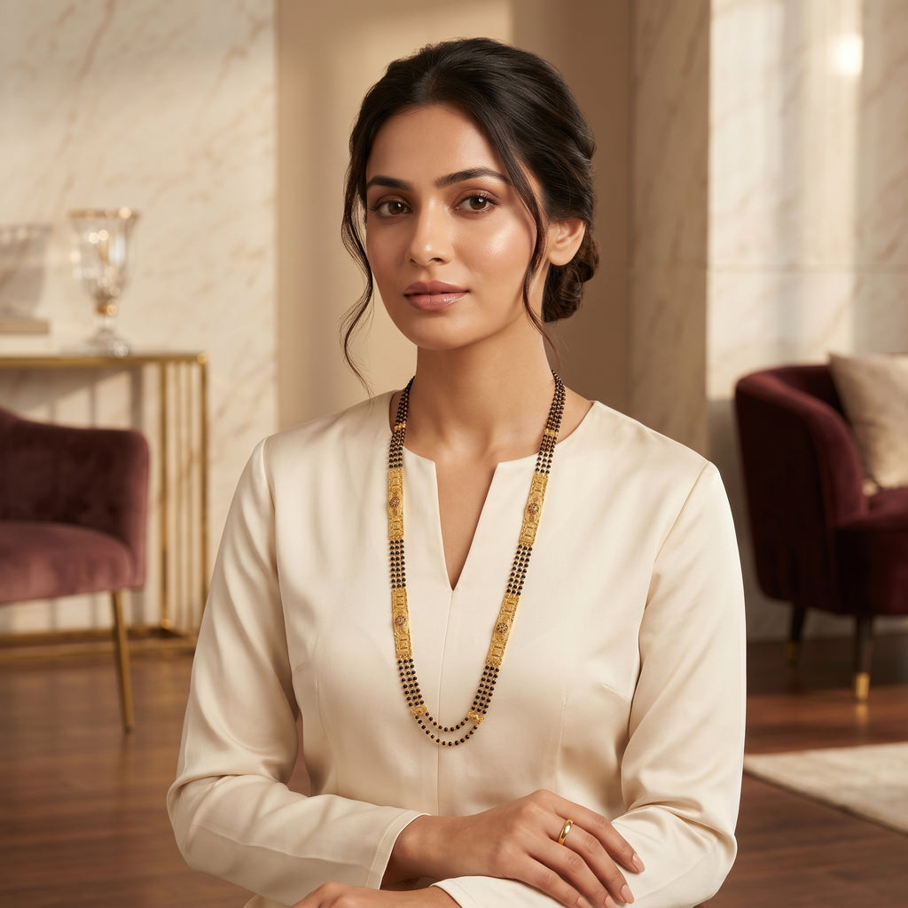 Gold Black Bead Filigree Bar Long Mangalsutra Set