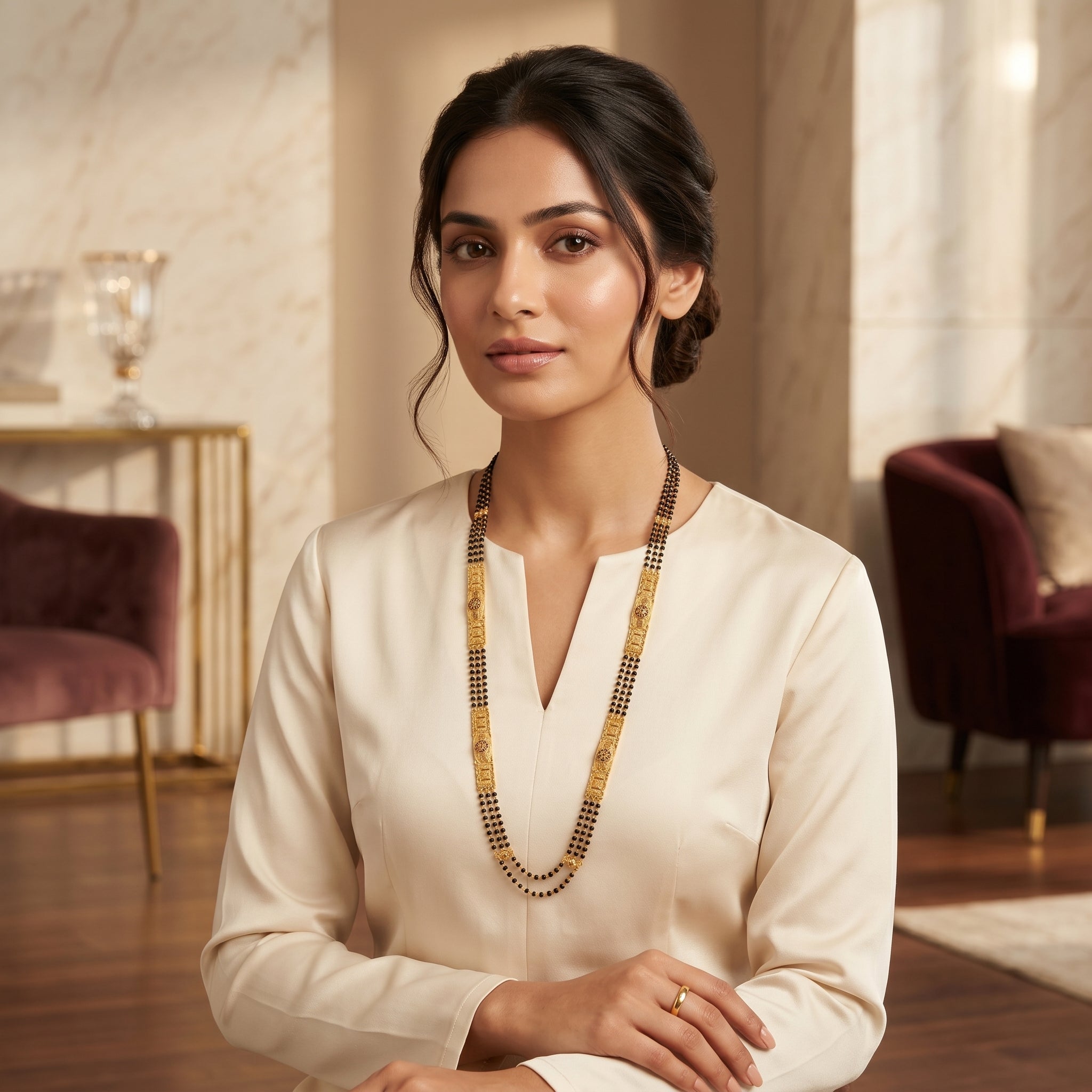 Gold Black Bead Filigree Bar Long Mangalsutra Set