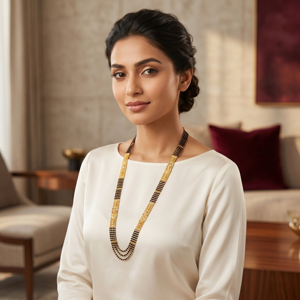 Gold Black Bead Geometric Coin Panel Long Mangalsutra Set