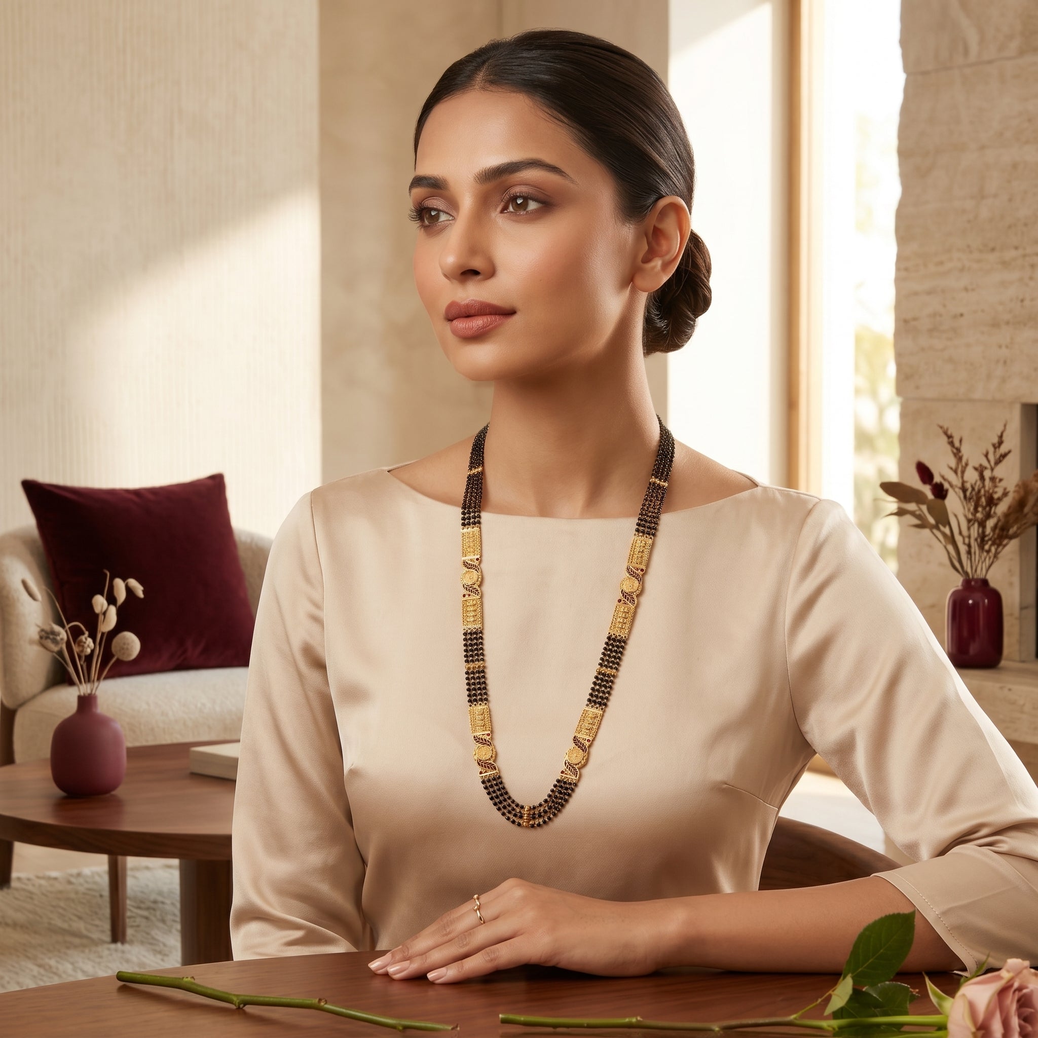 Gold Black Bead Filigree Leaf Panel Long Mangalsutra Set