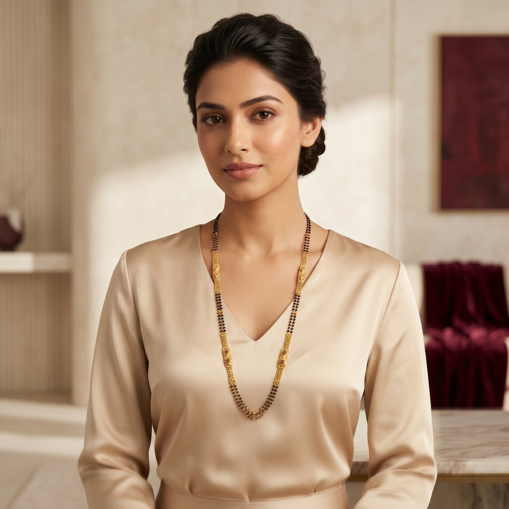 Gold Black Bead Ruby Diamond Panel Mangalsutra & Bracelet Set