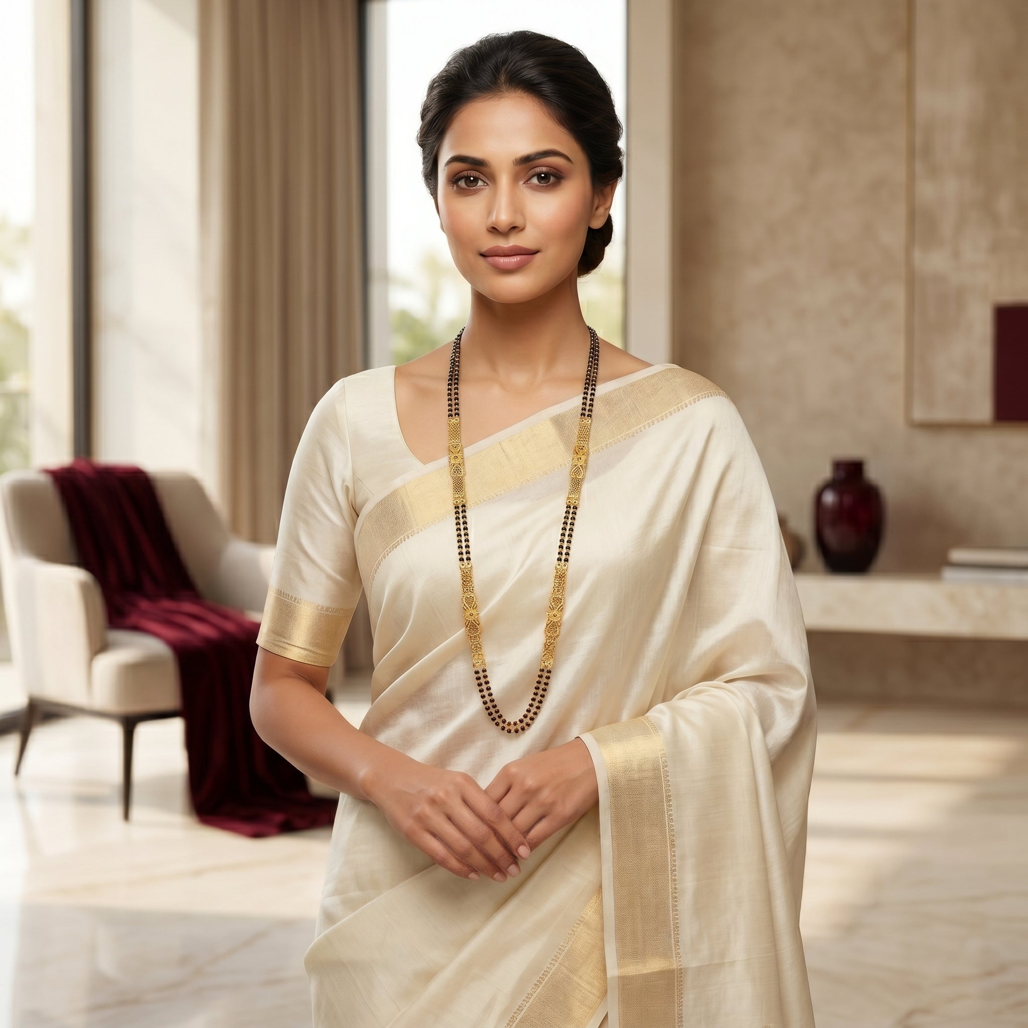 Gold Black Bead Ruby Bow CZ Panel Long Mangalsutra Set
