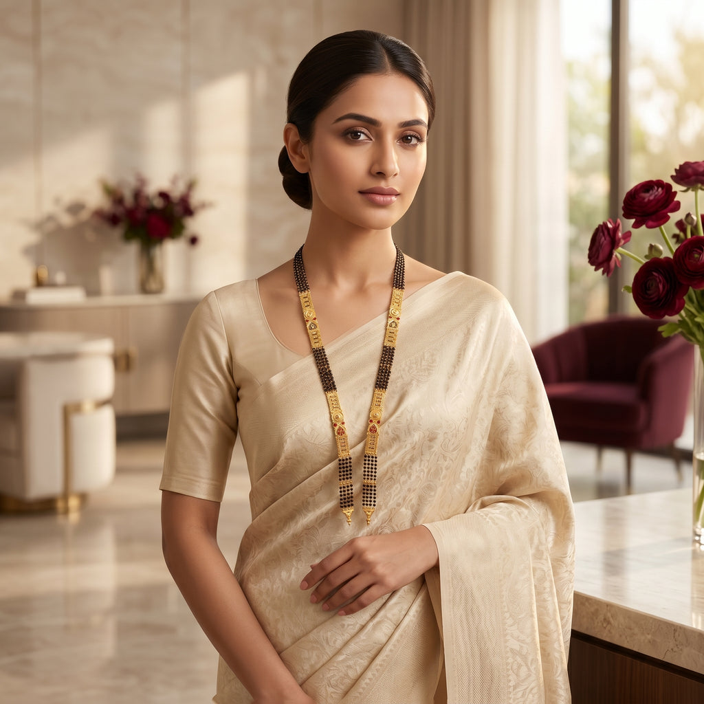 Gold Black Bead Ruby Y-Drop Open Tassel Long Mangalsutra Set