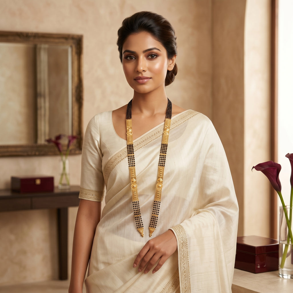 Gold Black Bead Geometric V-Drop Bell Finial Long Mangalsutra Set
