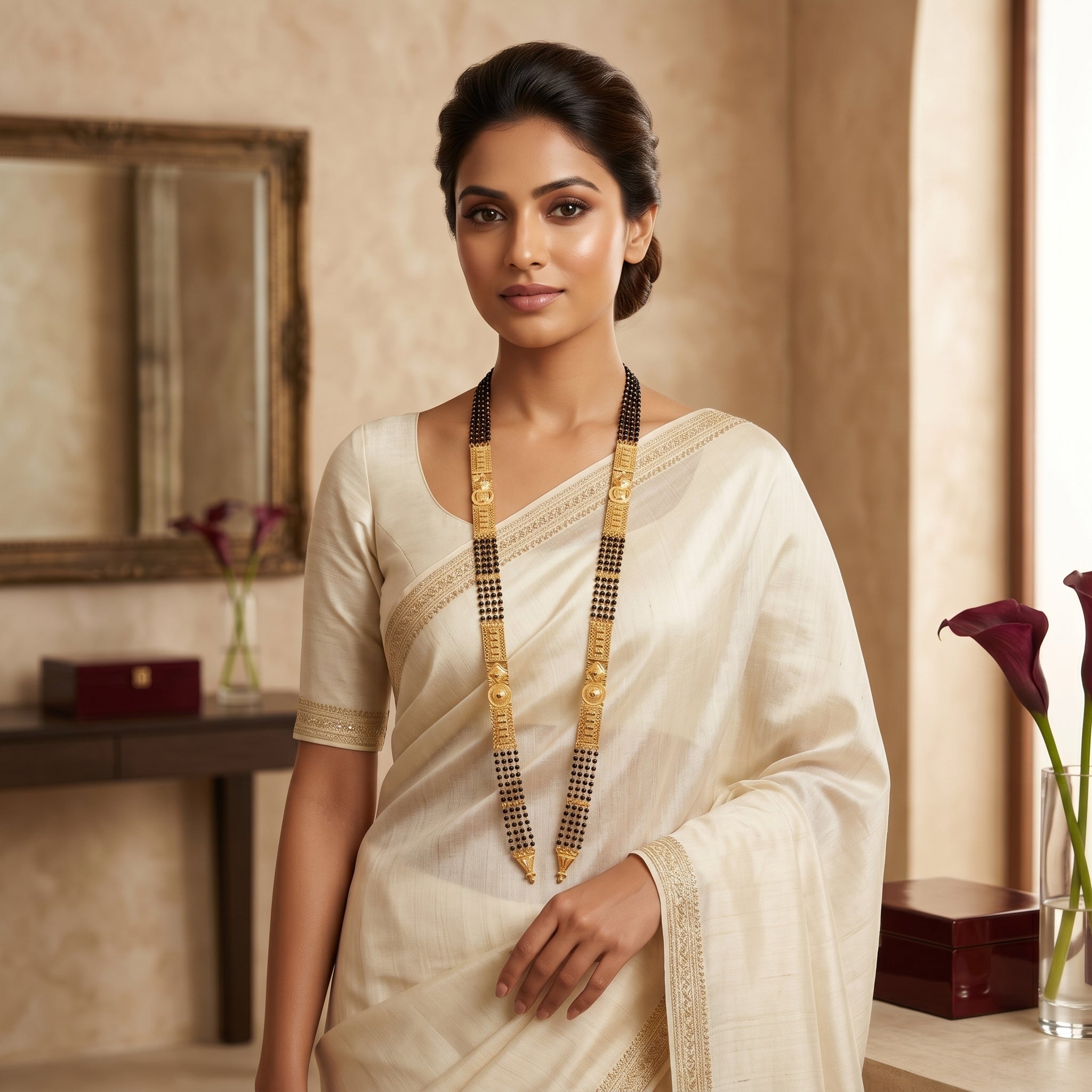 Gold Black Bead Geometric V-Drop Bell Finial Long Mangalsutra Set