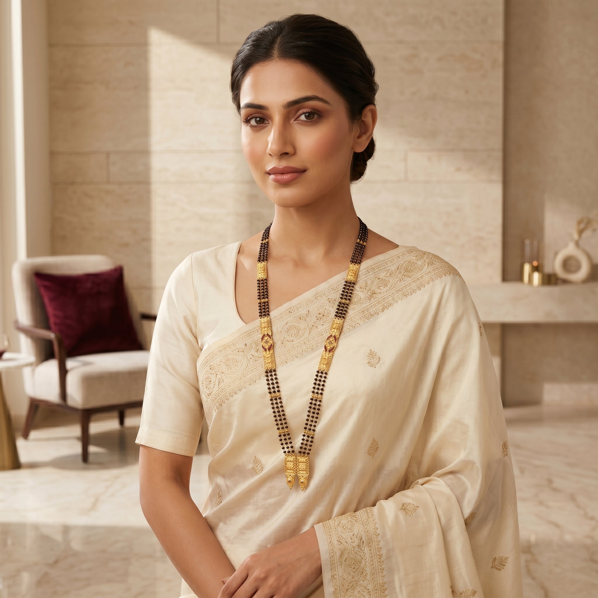 Gold Black Bead Ruby Enamel V-Drop Torpedo Finial Long Mangalsutra Set