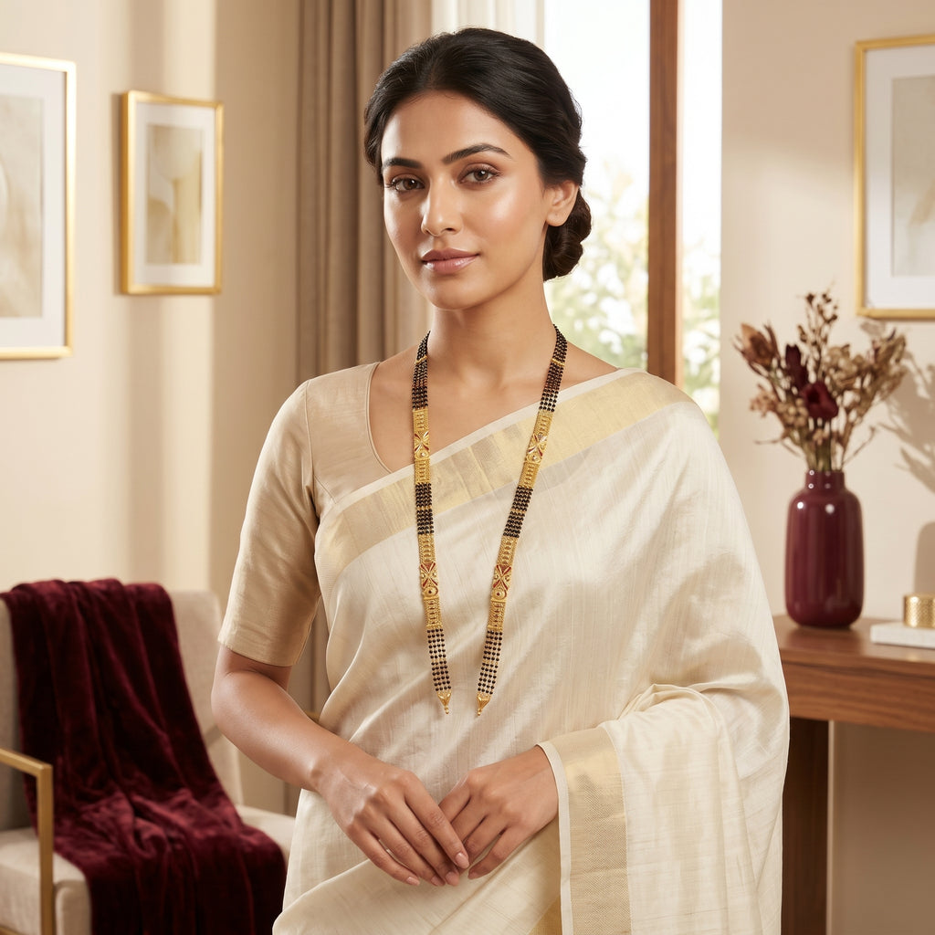 Gold Black Bead Enamel Long Mangalsutra Set
