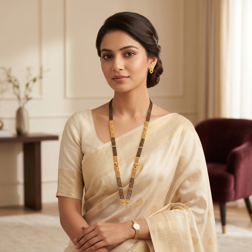 Gold Triple-Strand Black Bead Floral Finial Mangalsutra Set