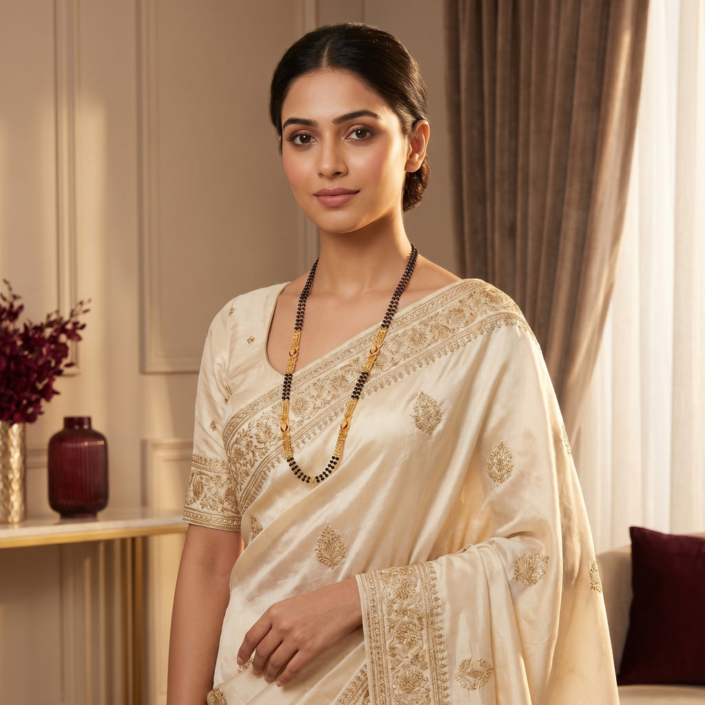 Gold Dual-Strand Black Bead Marquise Enamel Mangalsutra Set
