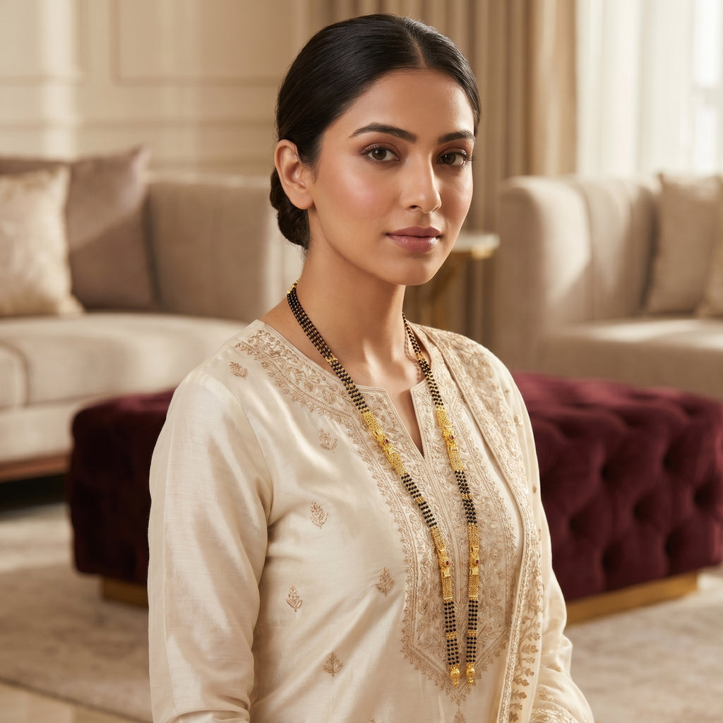 Gold Black Bead Granular Mesh Ruby Floral Mangalsutra Set