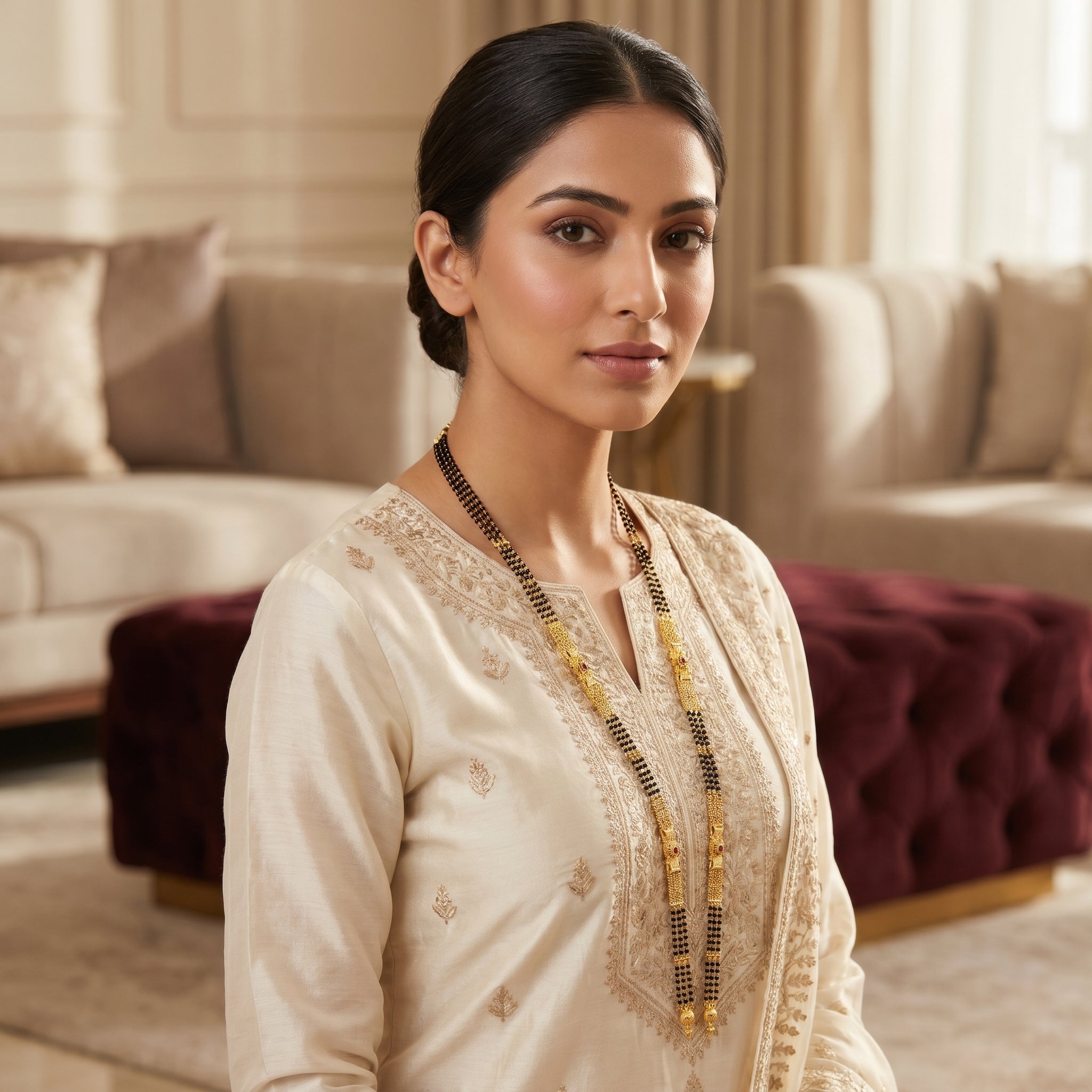 Gold Black Bead Granular Mesh Ruby Floral Mangalsutra Set