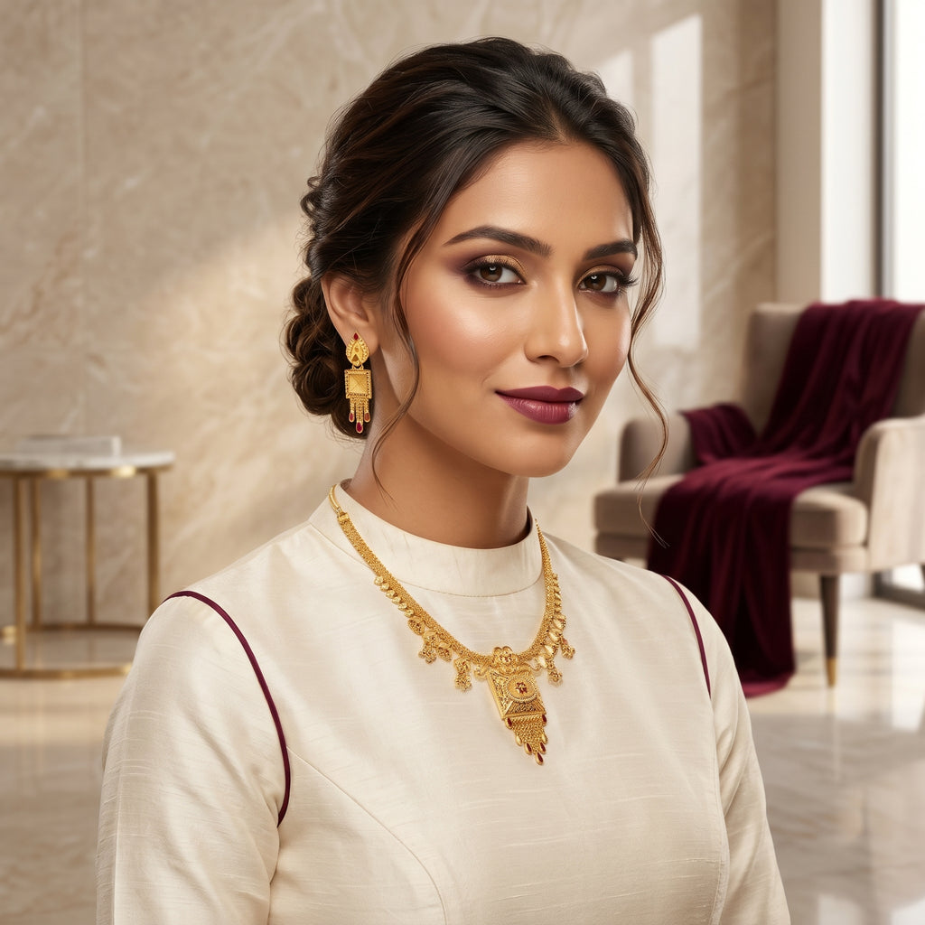 Gold Engraved Rectangular Pendant Necklace Set