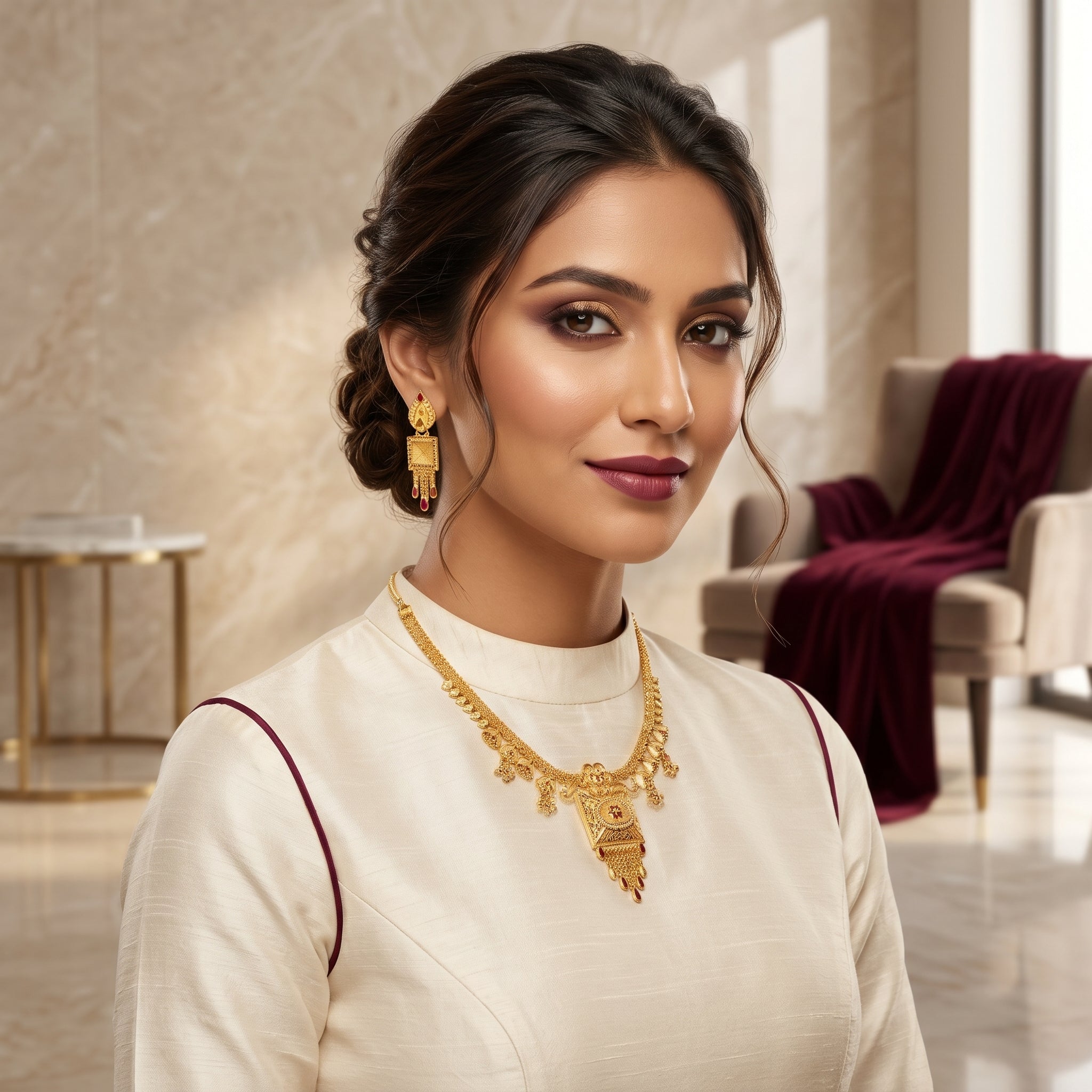 Gold Engraved Rectangular Pendant Necklace Set