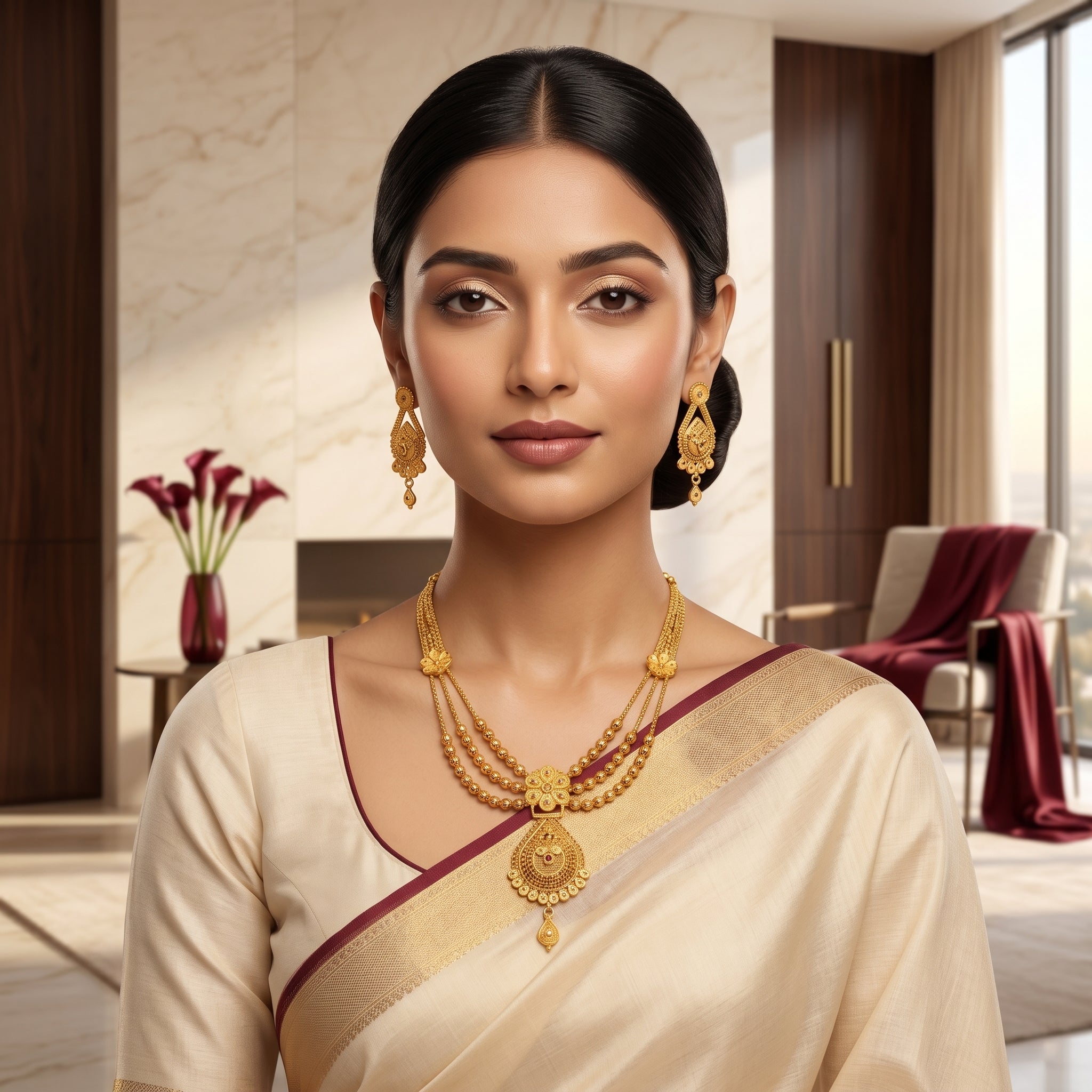 Gold Filigree Teardrop Floral Bead Necklace Set