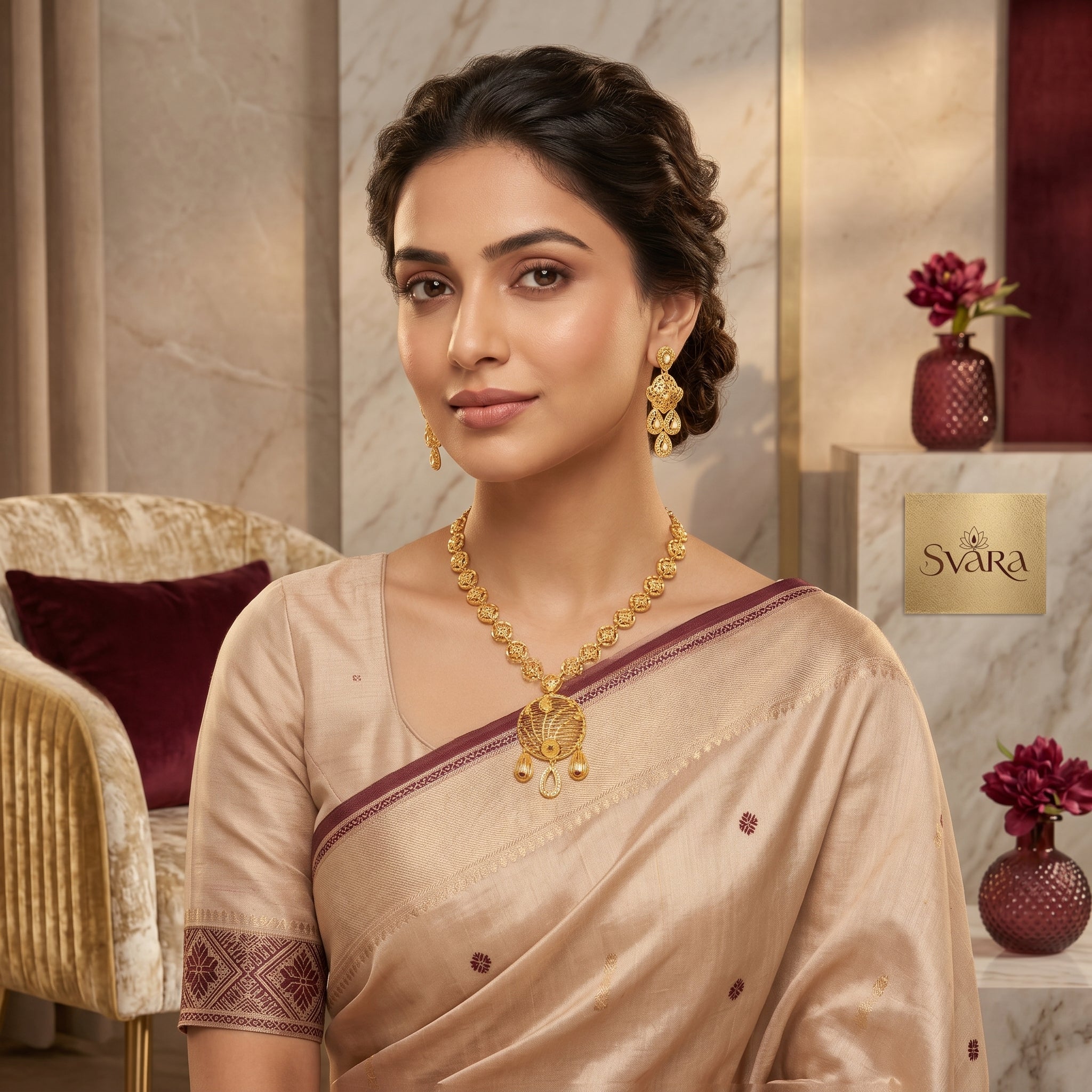 Gold Filigree Disc Coin Chain Long Necklace Set