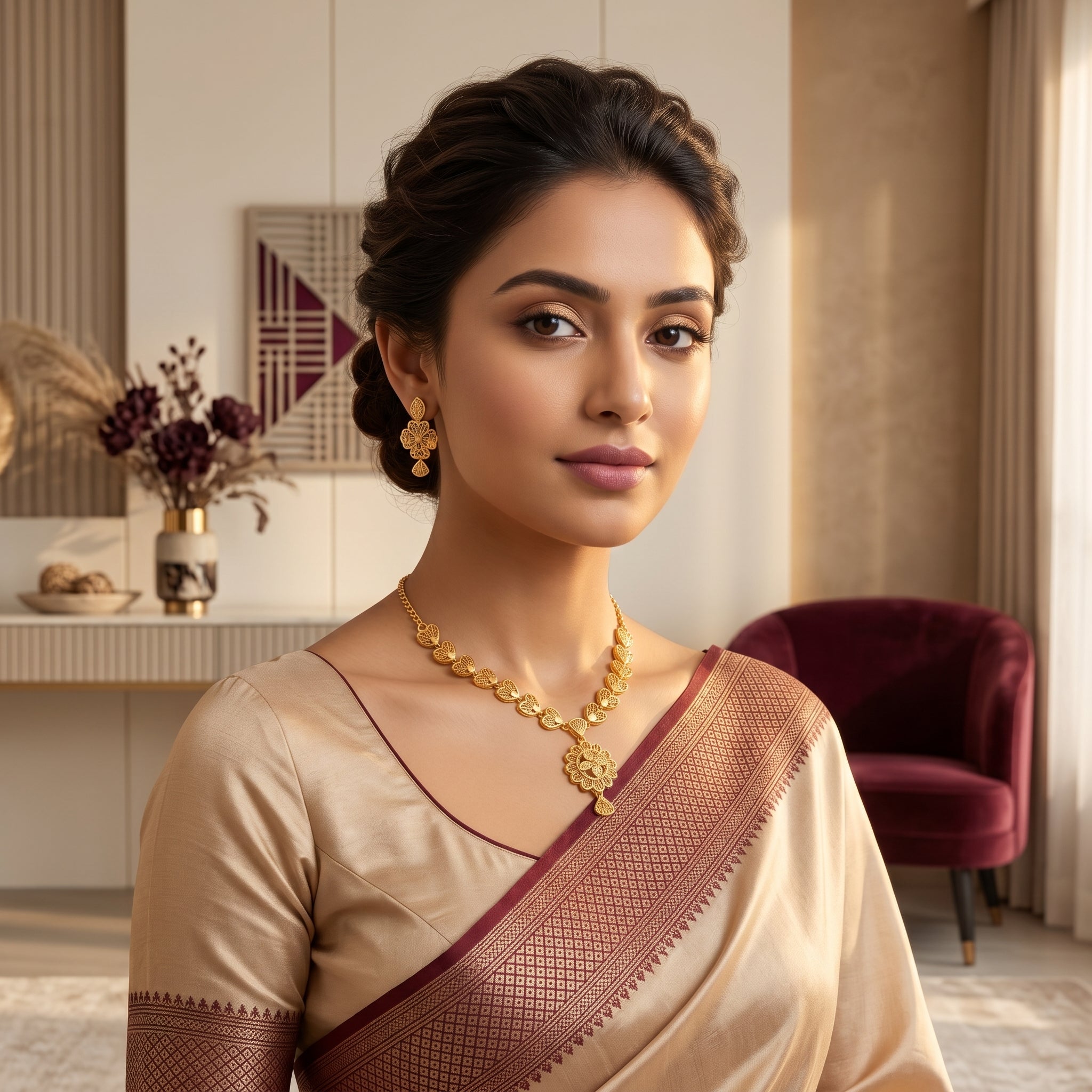 Gold Filigree Heart Petal Floral Necklace Set