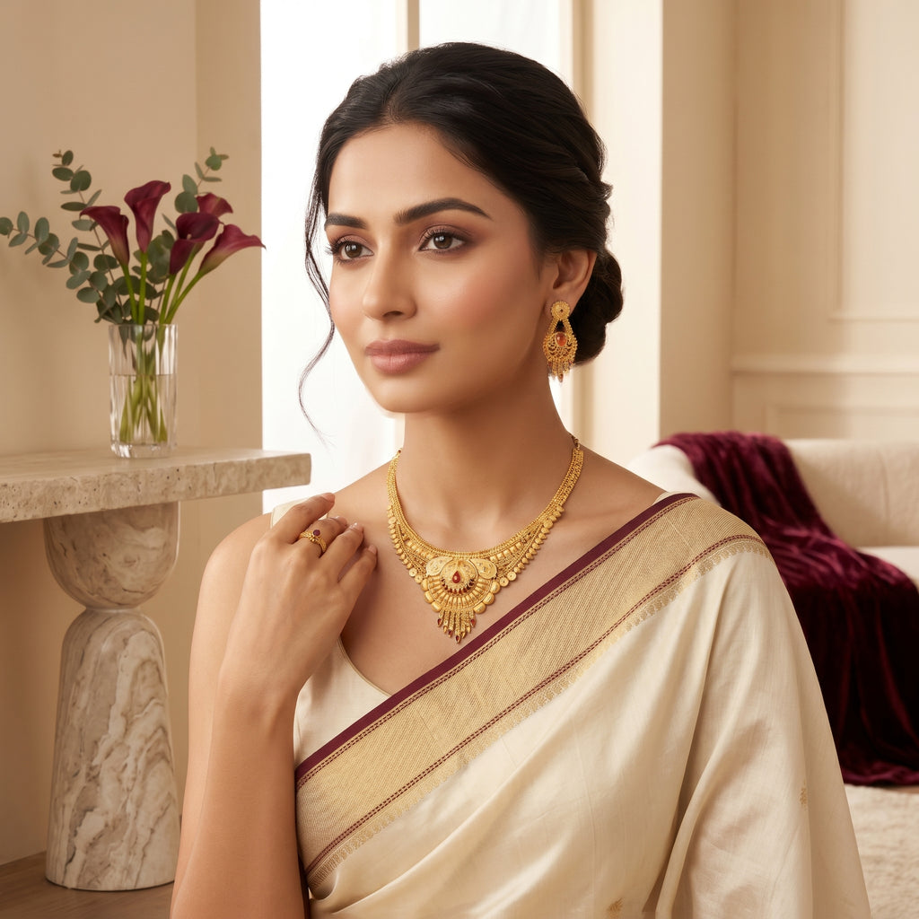 Gold Ruby Peacock Fan Collar Tassel Necklace Set