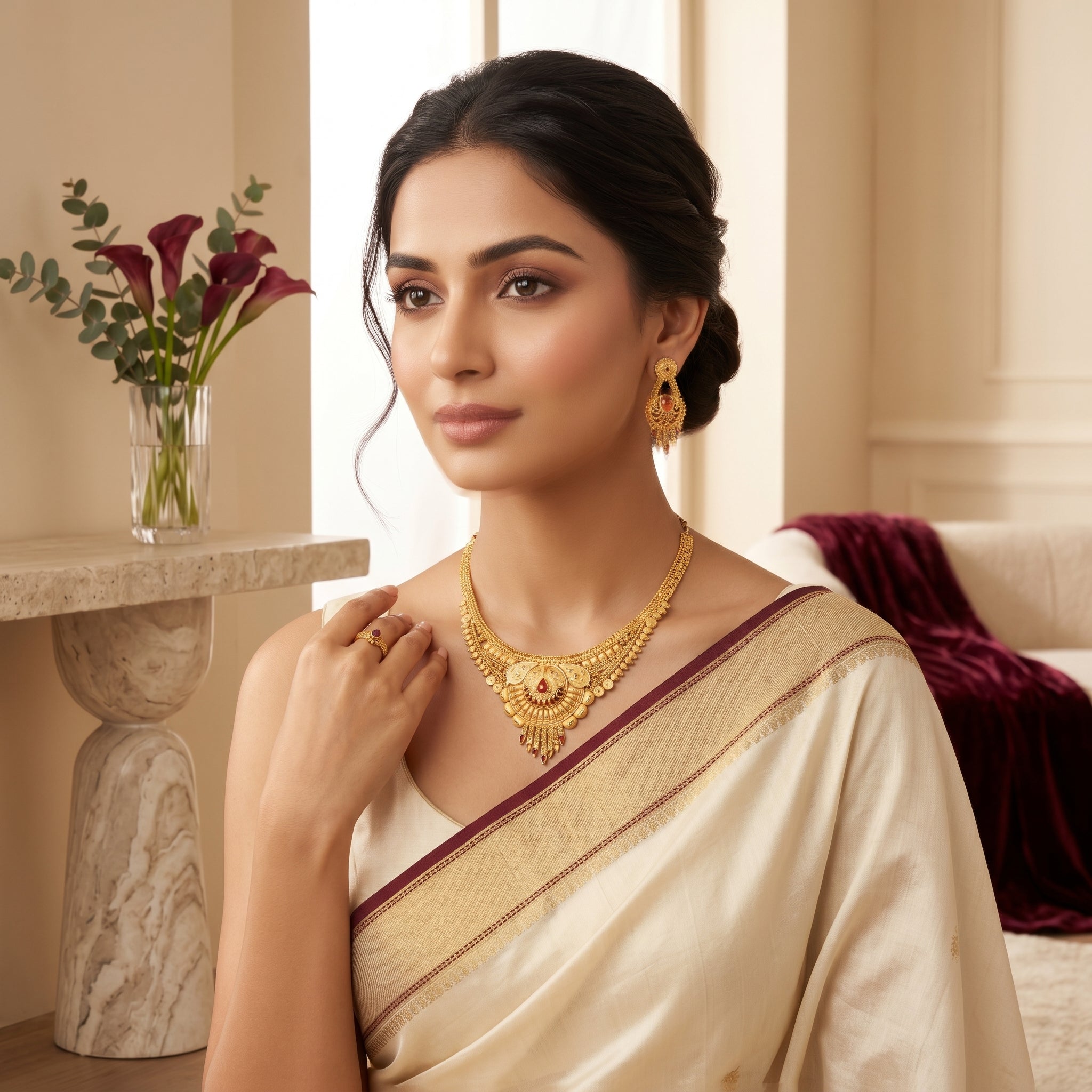 Gold Ruby Peacock Fan Collar Tassel Necklace Set