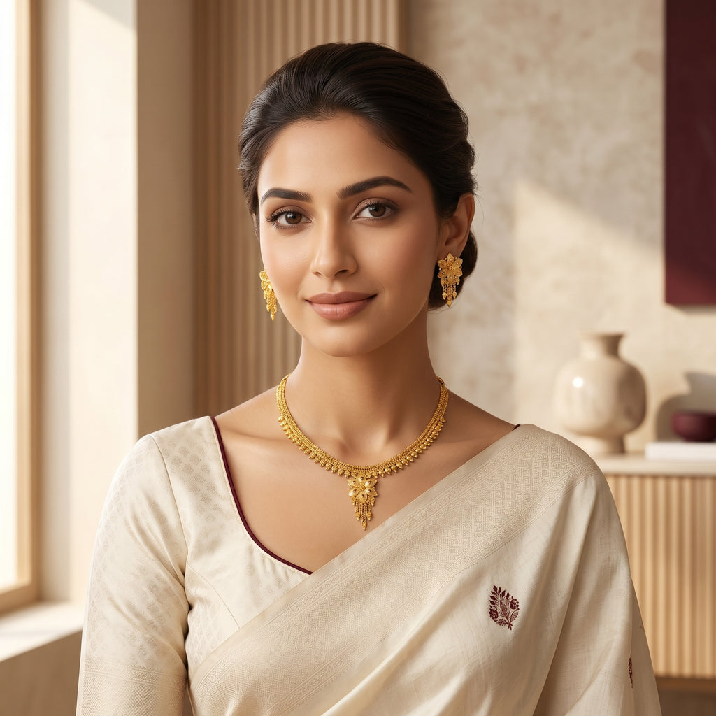 Gold Filigree Floral Fringe Necklace Set