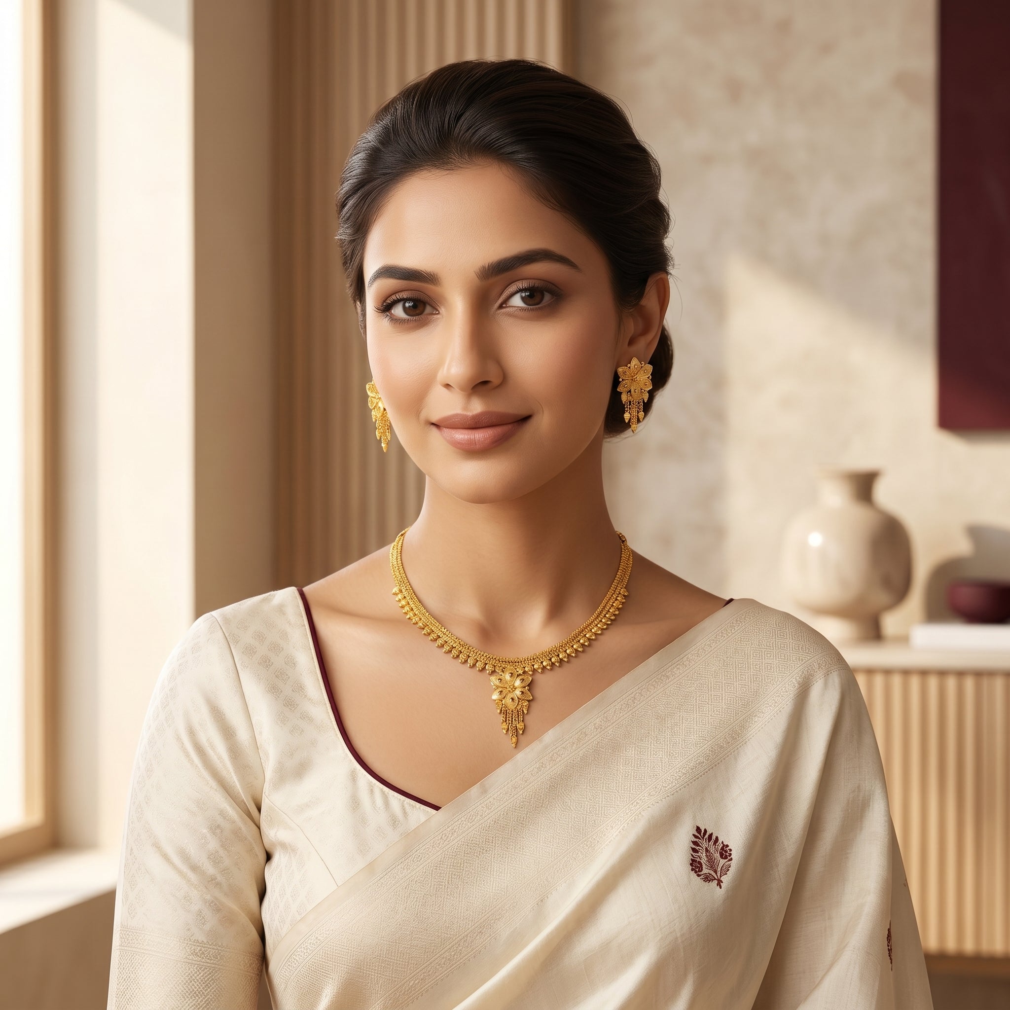 Gold Filigree Floral Fringe Necklace Set
