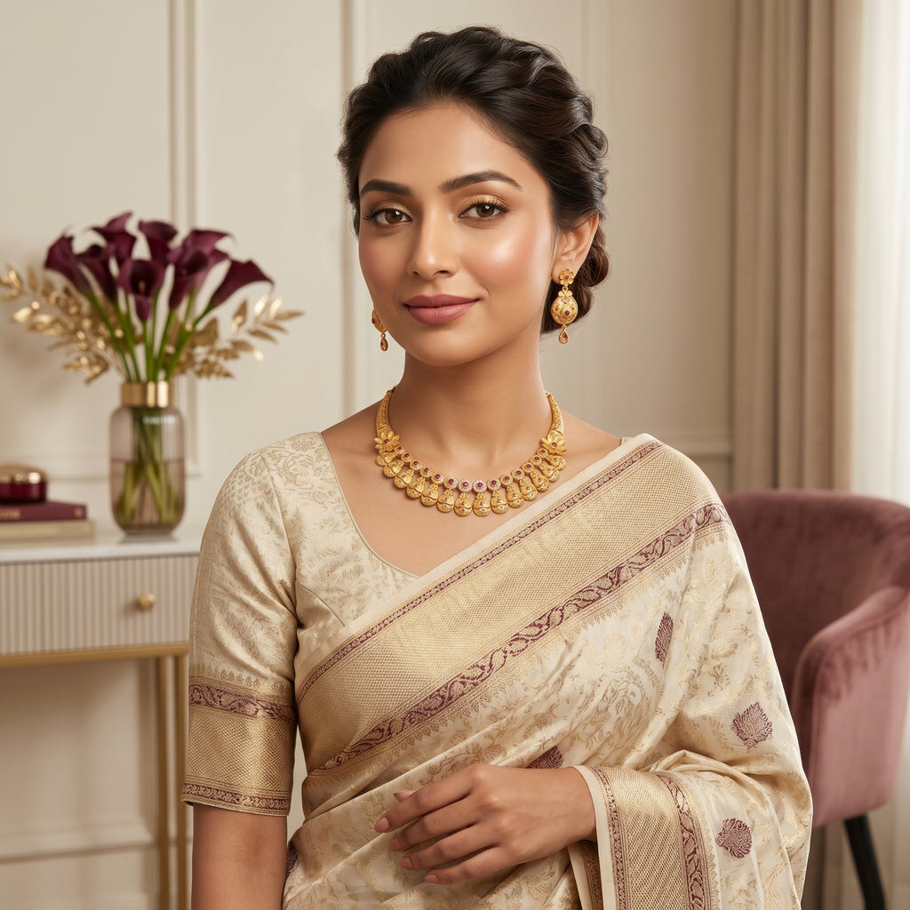 Gold Ruby Floral Kalash Collar Necklace Set
