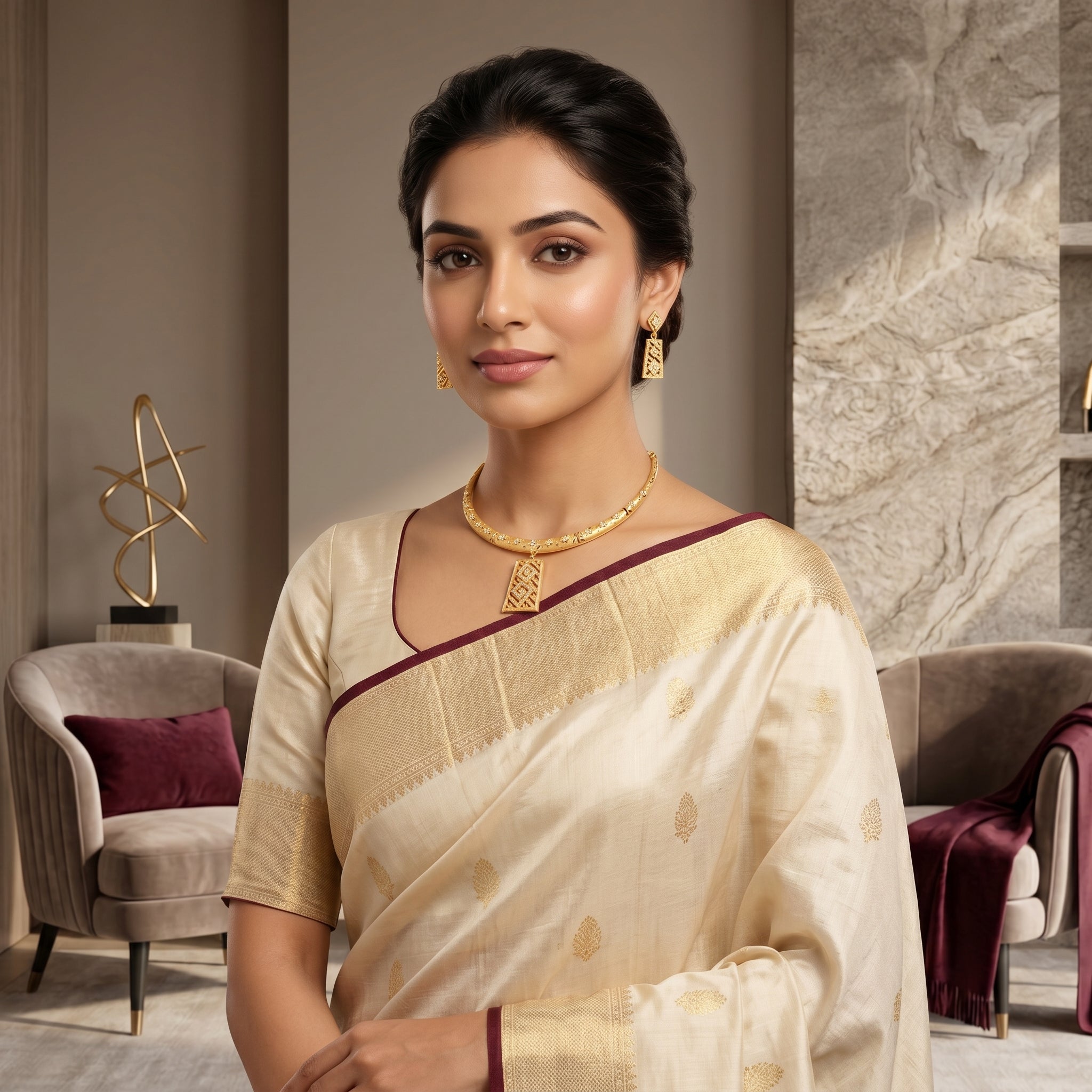 Gold CZ Geometric Lattice Hasli Necklace Set
