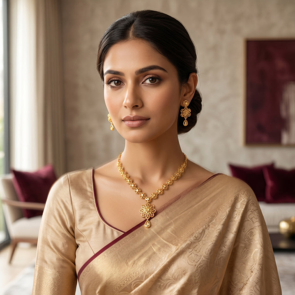 Gold Filigree Floral Chain Teardrop Necklace Set