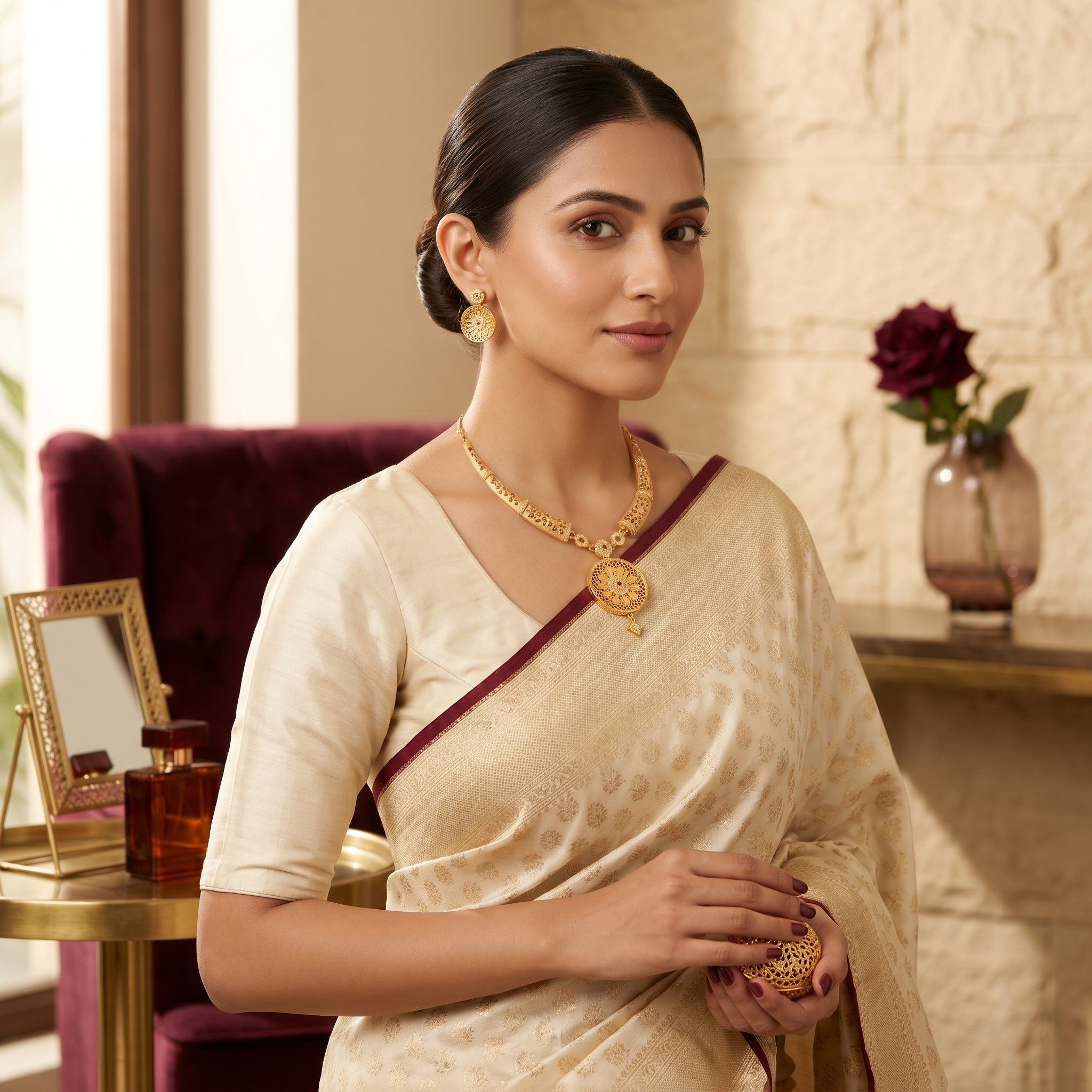 Gold Ruby CZ Filigree Scroll Hasli Disc Necklace Set