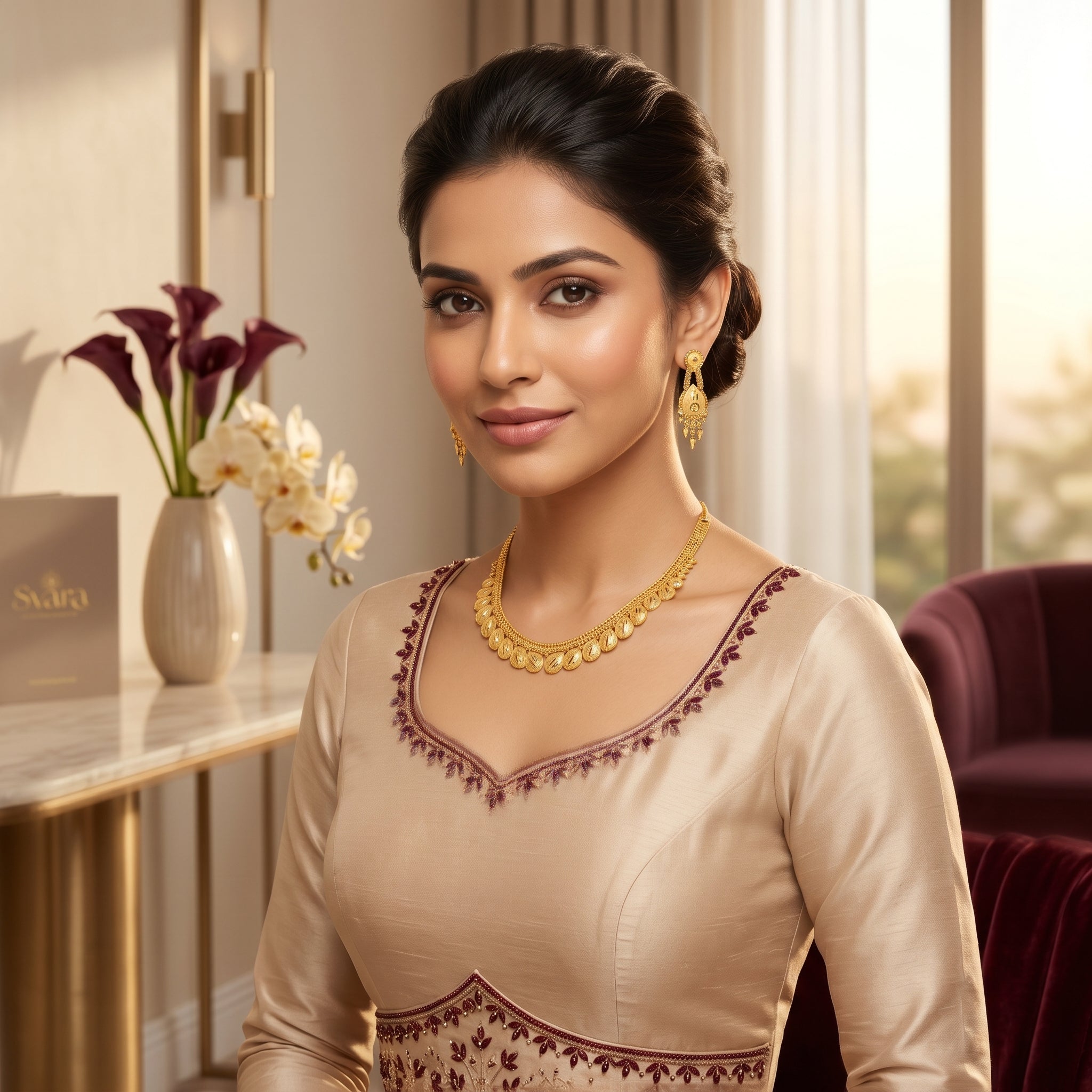 Gold Engraved Oval Bead Chain Necklace Set